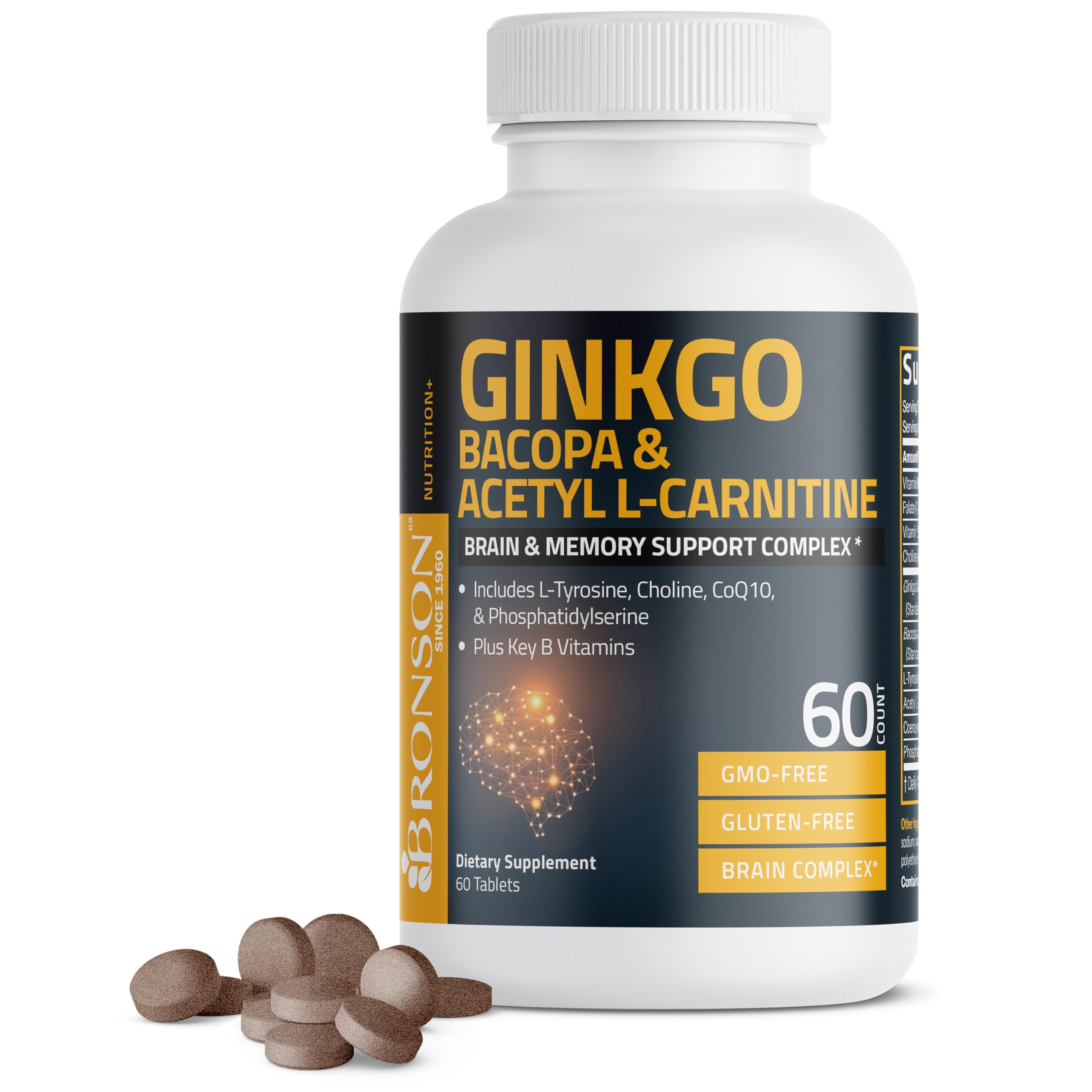 Bronson Ginkgo, Bacopa & Acetyl L-Carnitine Brain & Memory Support Complex with L-Tyrosine, Choline, CoQ10 & Phosphatidylserine Plus Key B Vitamins Non-GMO, 60 Tablets 60 Count (Pack of 1)