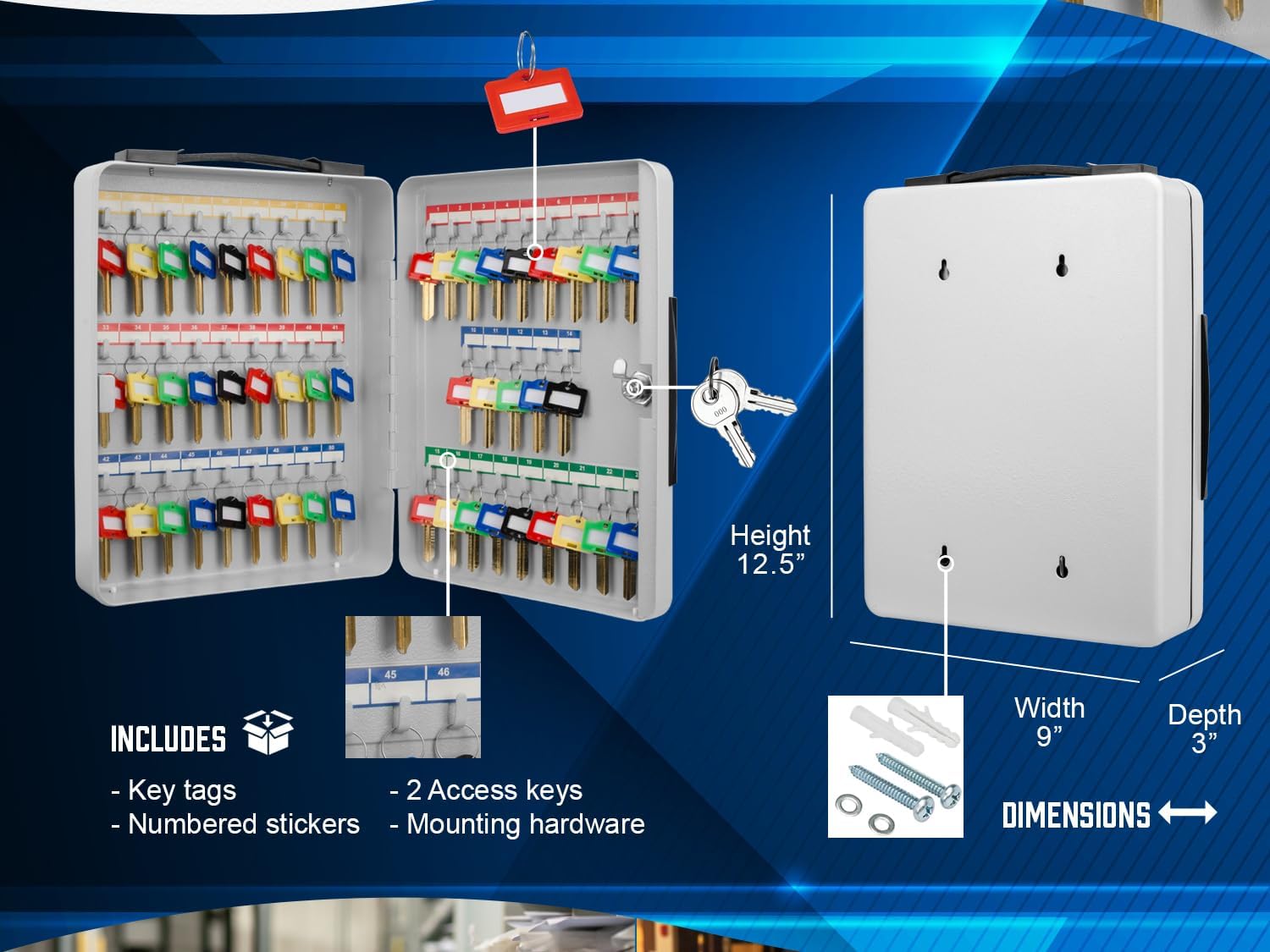 Barska Key Lock Key Cabinet Lock Box with Numbered Hooks and Tags - 50 POSITION - PORTABLE