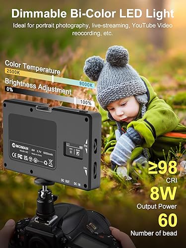 Miniatura 2 de Luz de video LED, luz de cámara Moman para fotografía, luces de grabación de video portátiles de 5000 mAh con zapata fría, mini luz CRI 98+