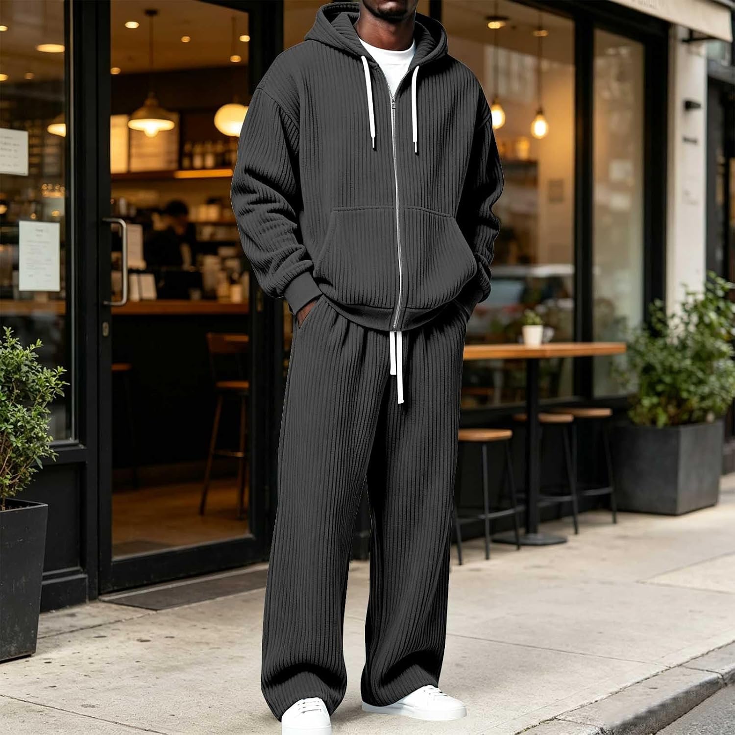 HJINGSUN Mens Sweatsuits 2 Piece Set Waffle Zip Up Hoodie Sweatpants Outfit