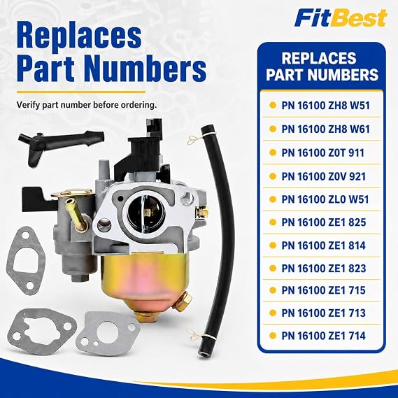 FitBest GX160 Carburetor Compatible with Honda GX160 and Predator 212cc | Replaces 16100-ZH8-W51, 16100-ZH8-W61, Fits Honda GX160 GX200 5.5HP 6.5HP Predator 196cc 212cc 224cc OHV Engine