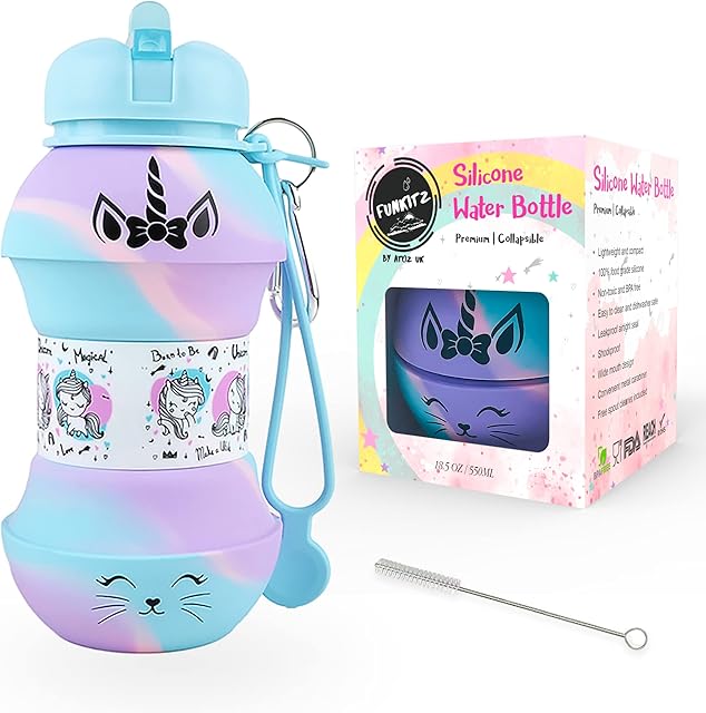 FunKitZ by AToZ UK Unicorn Girls Water Bottle - Collapsible, Drop Resistant Water bottle kids - Leakproof kids Water Bottles with Flip Spout - Girls water bottles for school - 550ml (Rainbow Unicorn)