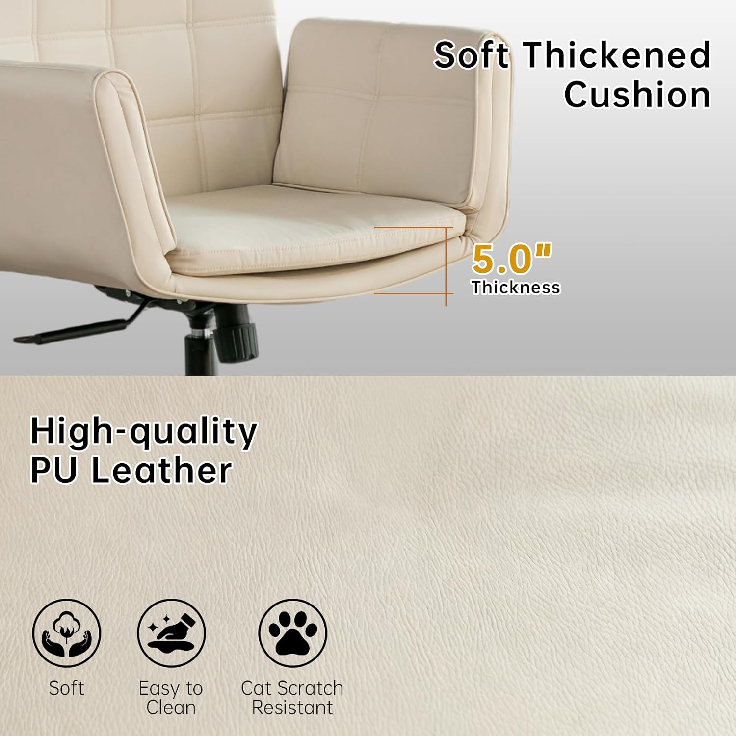 Criss Cross Chair with Wheels & Adjustable Armrests, High Back Faux Leather Desk Chair for Home Office, Comfy Cross Legged Wide Computer Task Chair, Ivory