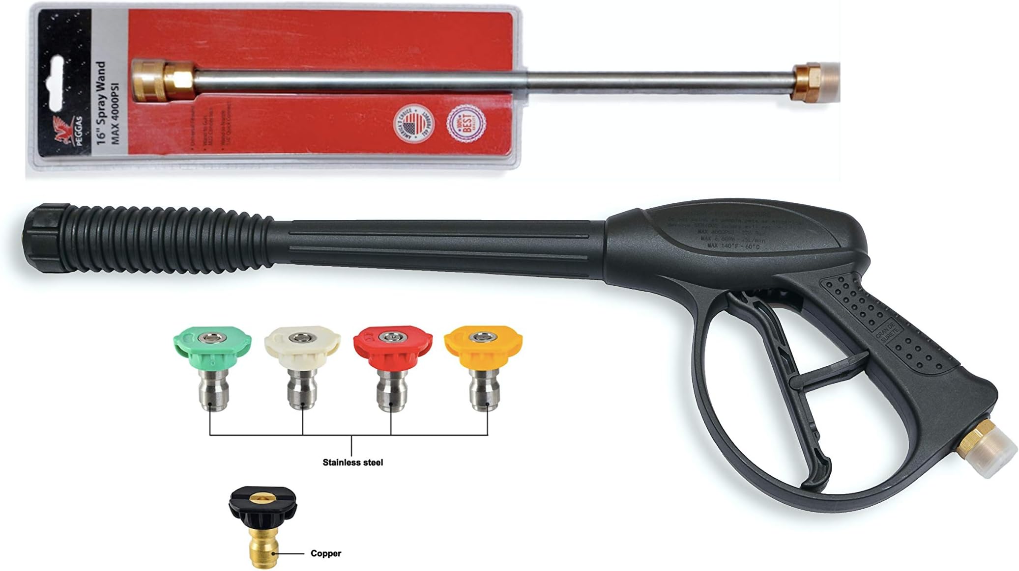 Pressure Washer Spray Gun, Wand & Nozzle Kit - Power Washer Gun Combo 4,000 PSI- 16" Pressure Washer Wand - 5 Piece Pressure Washer Tips - M22 Connector on Spray Gun