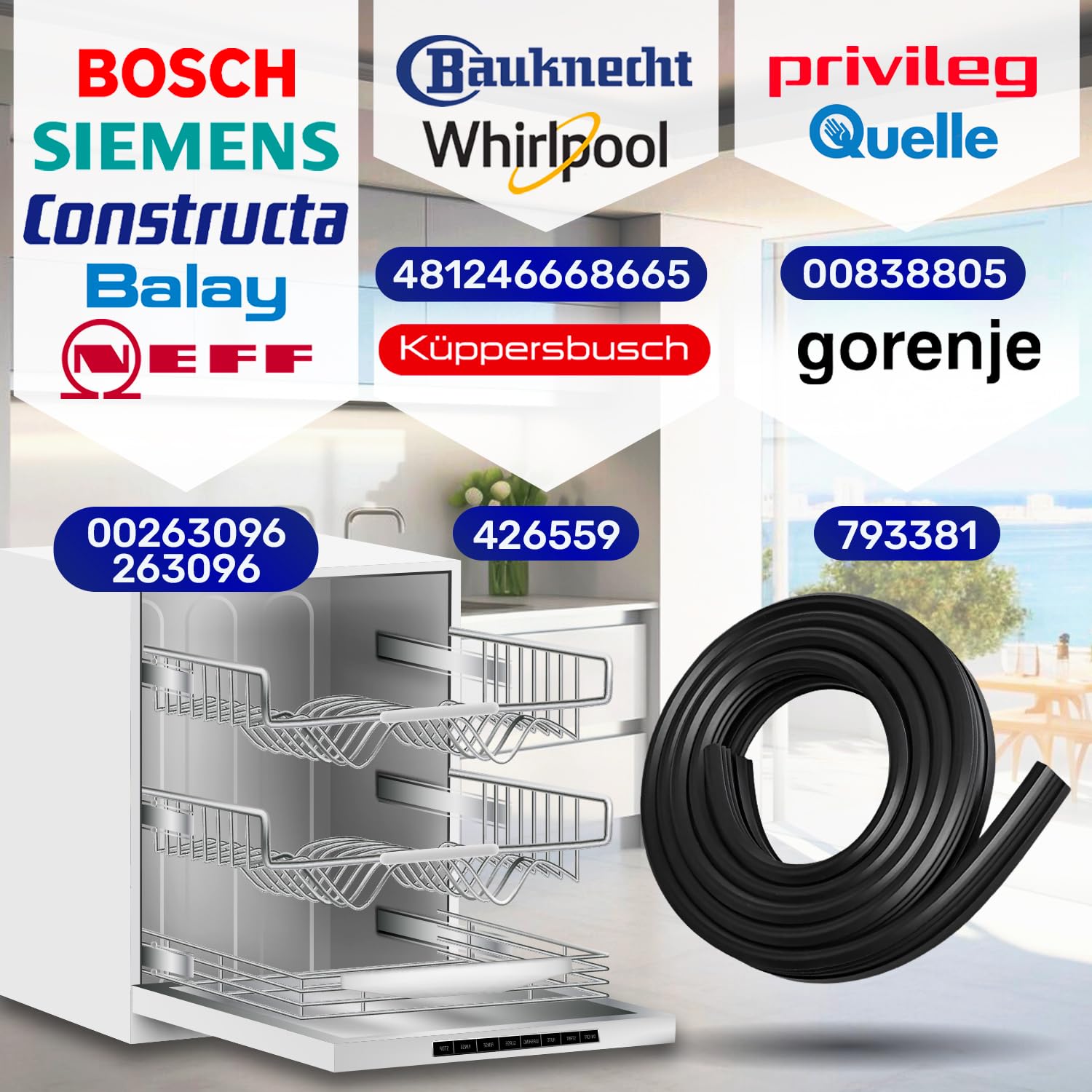 Burlete Junta de Goma para Puerta Lavavajillas 1850 mm con Código Original 00263096 263096 para Bosch para Siemens para Neff para Constructa para Balay - HECHO EN EUROPA - Garantía 10 Años - MONTERAL