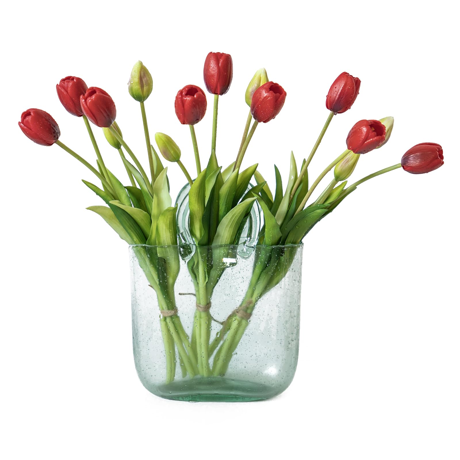 DUYONE 15pcs Artificial Tulips Flowers, Real Touch Latex Bouquet, Fake Tulips for Office Wedding Party Home Kitchen Garden Decoration-B Red