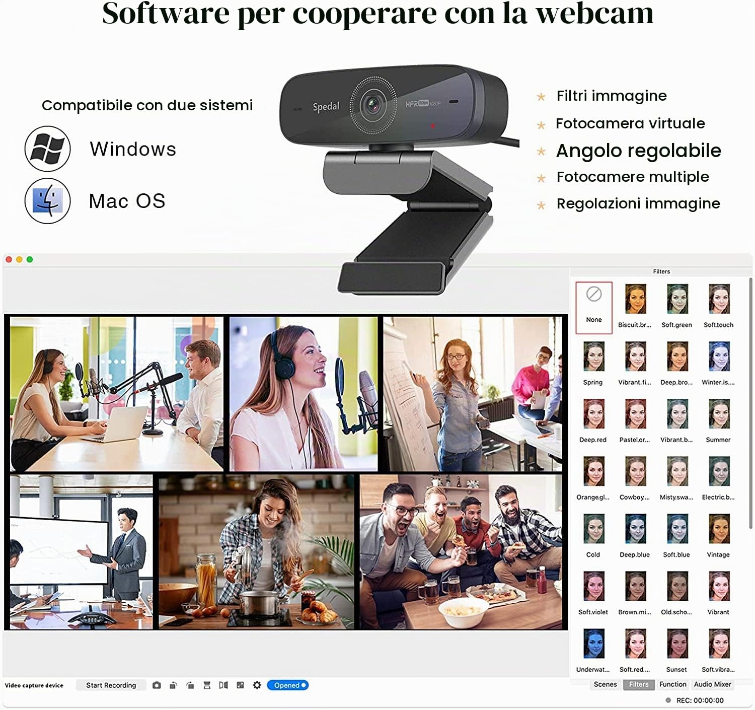 Spedal Webcam 1080p 60fps, 2 Microfoni, Autofocus Live Streaming Camera con Microfono, Webcam USB per OBS XSplit Facebook Skype Youtube, Compatibile per Mac OS Windows 10/8/7