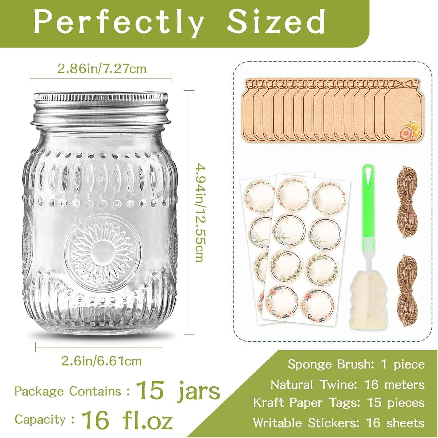 16oz Glass Mason Jars with Embossed Pattern, 15-Pack Pint Canning Jars with Airtight Lids for Fermenting,Overnight Oats,Pickling,Preserving,Ideal for Centerpieces,DIY Crafts,or Wedding Favors