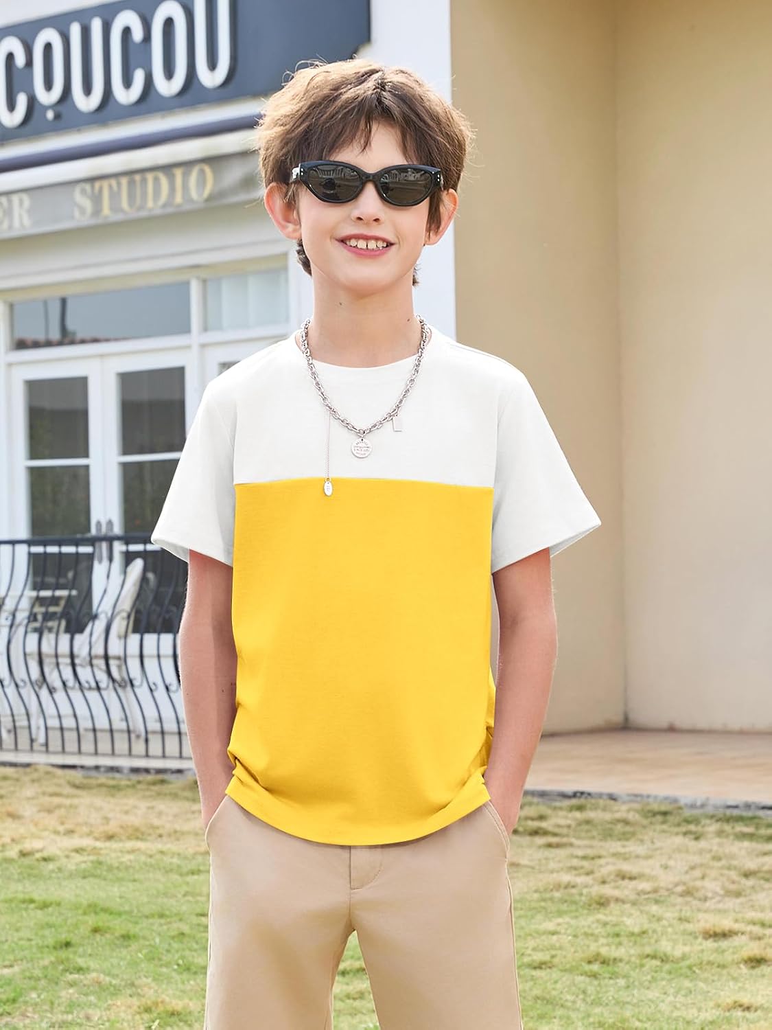 Haloumoning Boys Colorblock Short Sleeve Shirts Kids Summer Crewneck T-Shirts Casual Tops Tees 5-14 Years