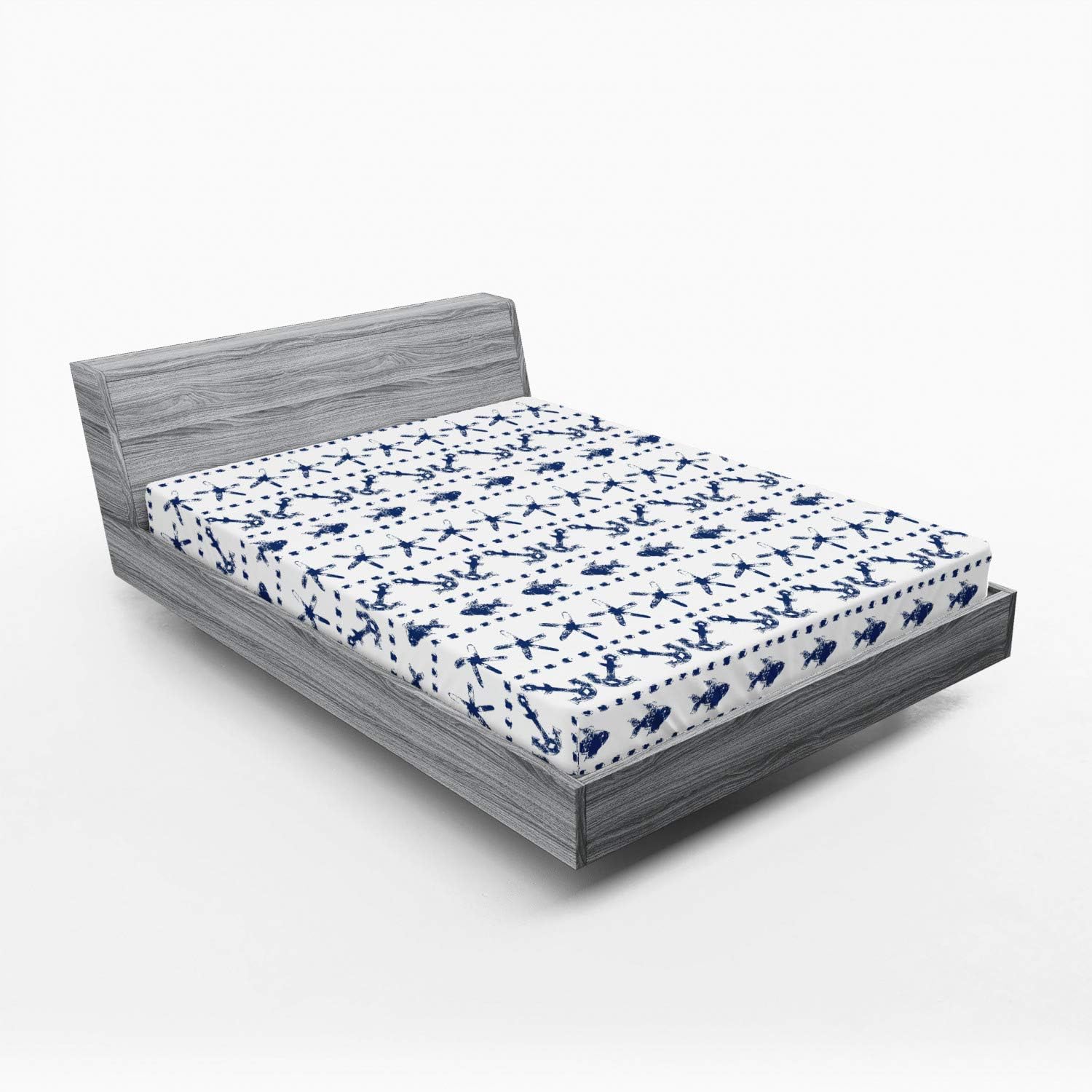 Ambesonne Navy 2 Pack Fitted Sheet, Anchor Starfish Sea Life, Bed Cover All-Round Elastic Deep Pockets 2 Pieces, Package Contains 2 Queen Size Fitted Sheets, Navy White