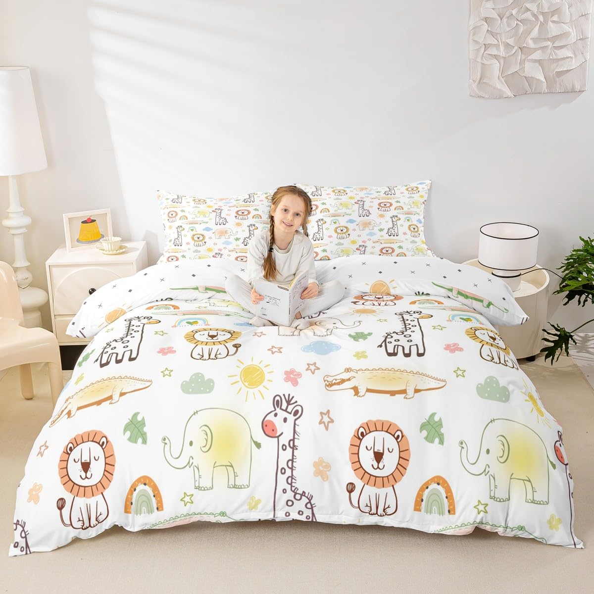 Housse de couette lion et girafe 2 pièces pour lit enfant blanc et vert