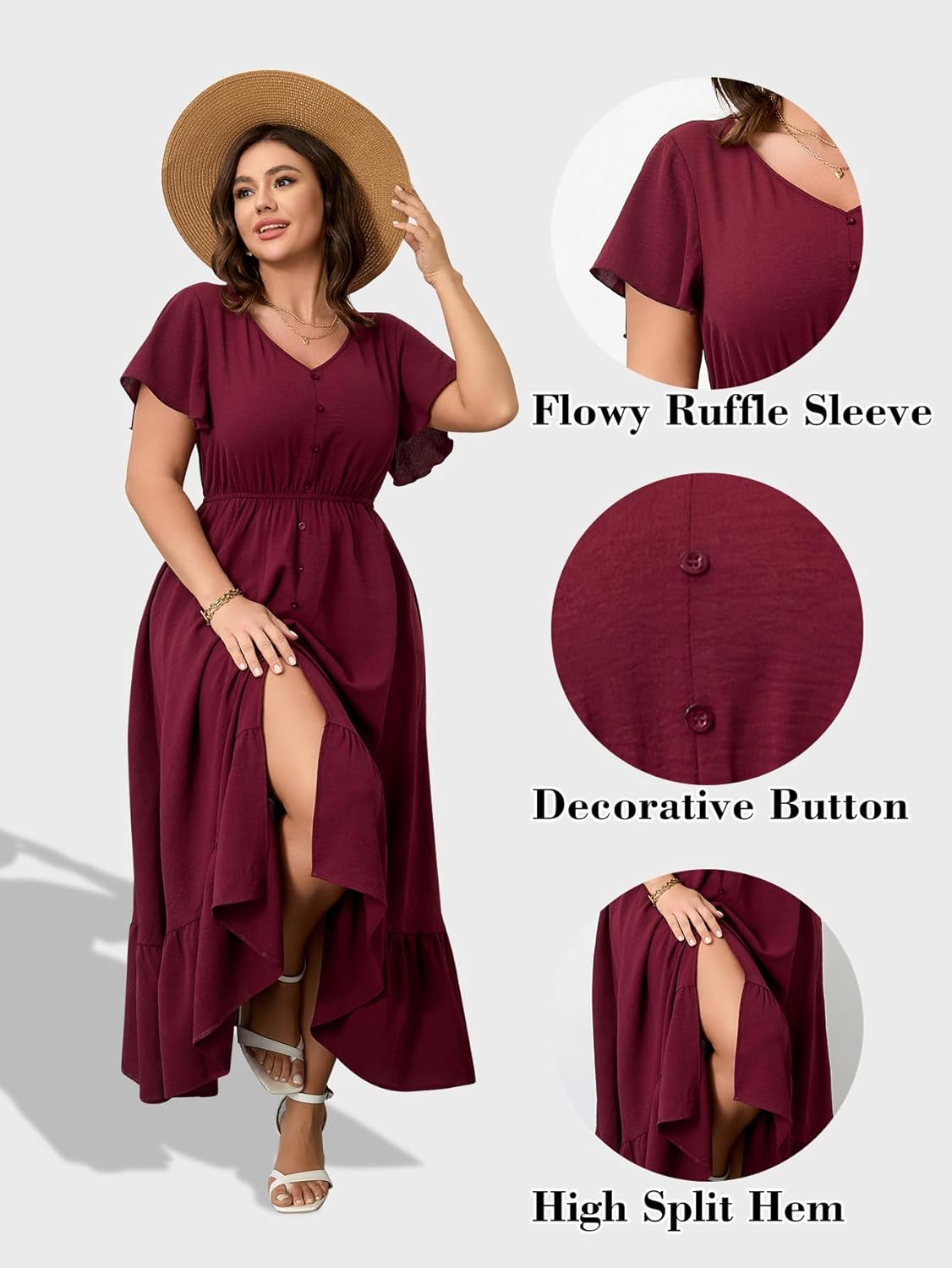 RWJ Women Plus Size Maxi Dress V Neck Short Sleeve Button Trim Split Flowy Tiered Casual Long Dresses 2025 L-3XL - Image 5