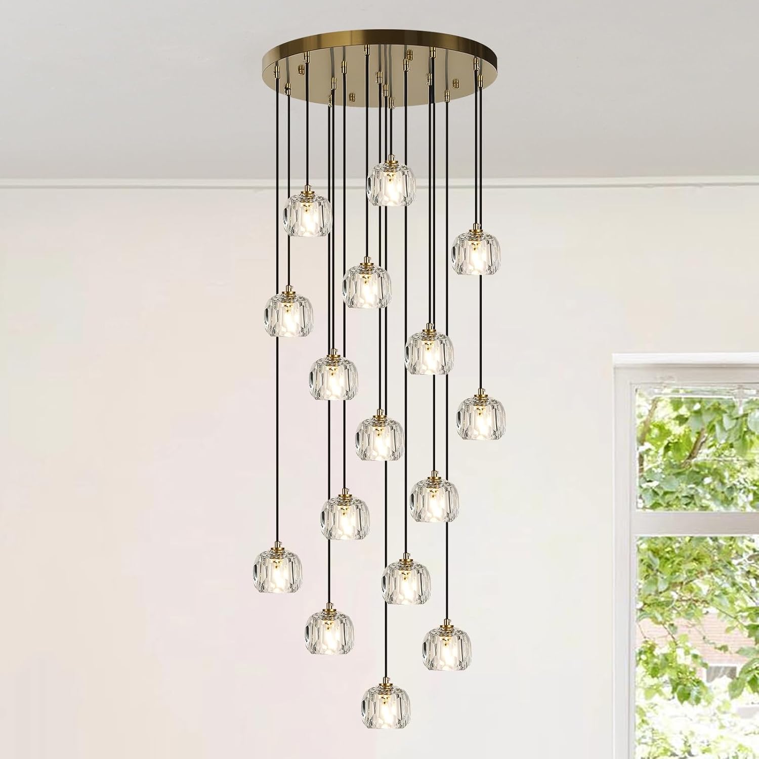 Modern Small Chandelier Light Fixture, Brass 1 Light Hanging Lights, Raindrop Clear Crystal Pendant Lighting for Kitchen Island Living Room Entryway Bedroom Dining Room