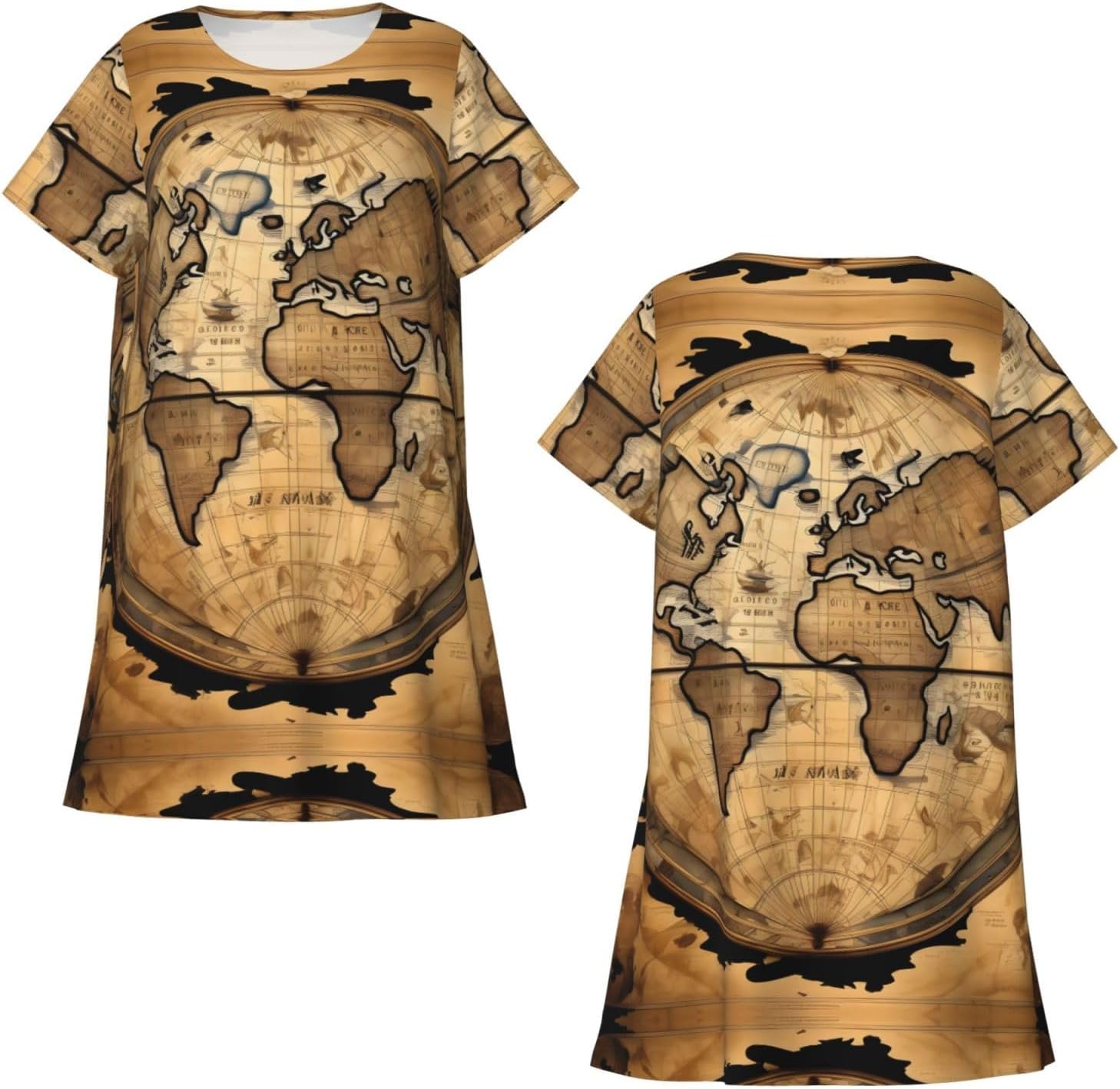 Ancient Map World Globe Print Soft Women'S Sleepwear,Comfy Short Sleeve Nightgown, Perfect For Relaxing Sleeping