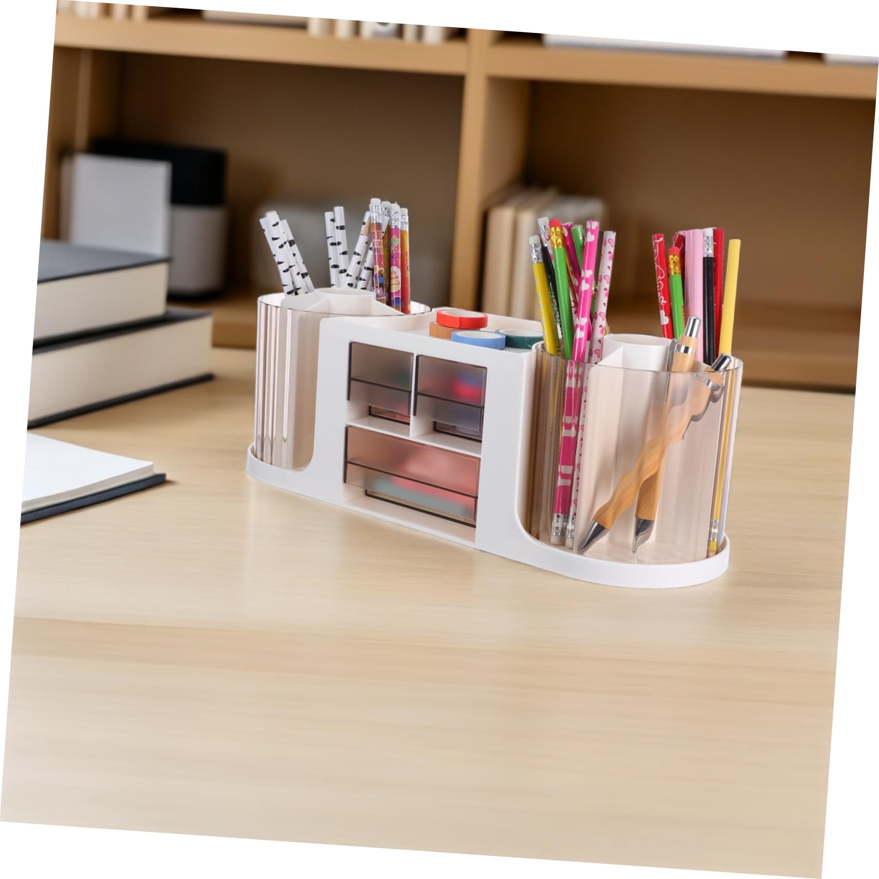 Uonlytech Organizador de Escritorio Giratorio Doble Portalápices Transparente con Organizador Multifuncional para Papelería Oficina y Escuela