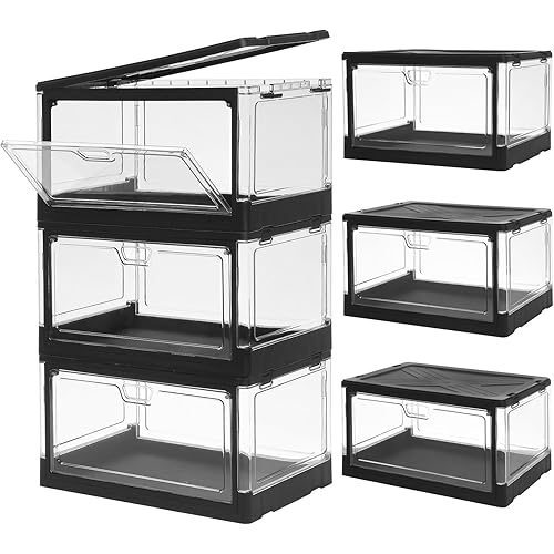 3-Pack Clear Stackable Storage Bins with Lids Magnetic Doors Open Front Foldable Folding Plastic Craft Containers Large Closet Organizers Box for Bedrooms Living Rooms Study 24 QT
