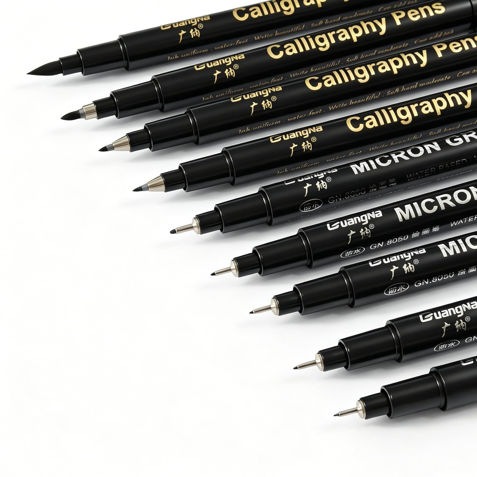 Surcotto Calligraphy Pens - 9pcs Calligraphy Set for Beginners, Caligraphy Beginners Set for Writing, Bullet Journal, Signature, Illustration, Design and Drawing, 9 Sizes Black Felt Tip Pens