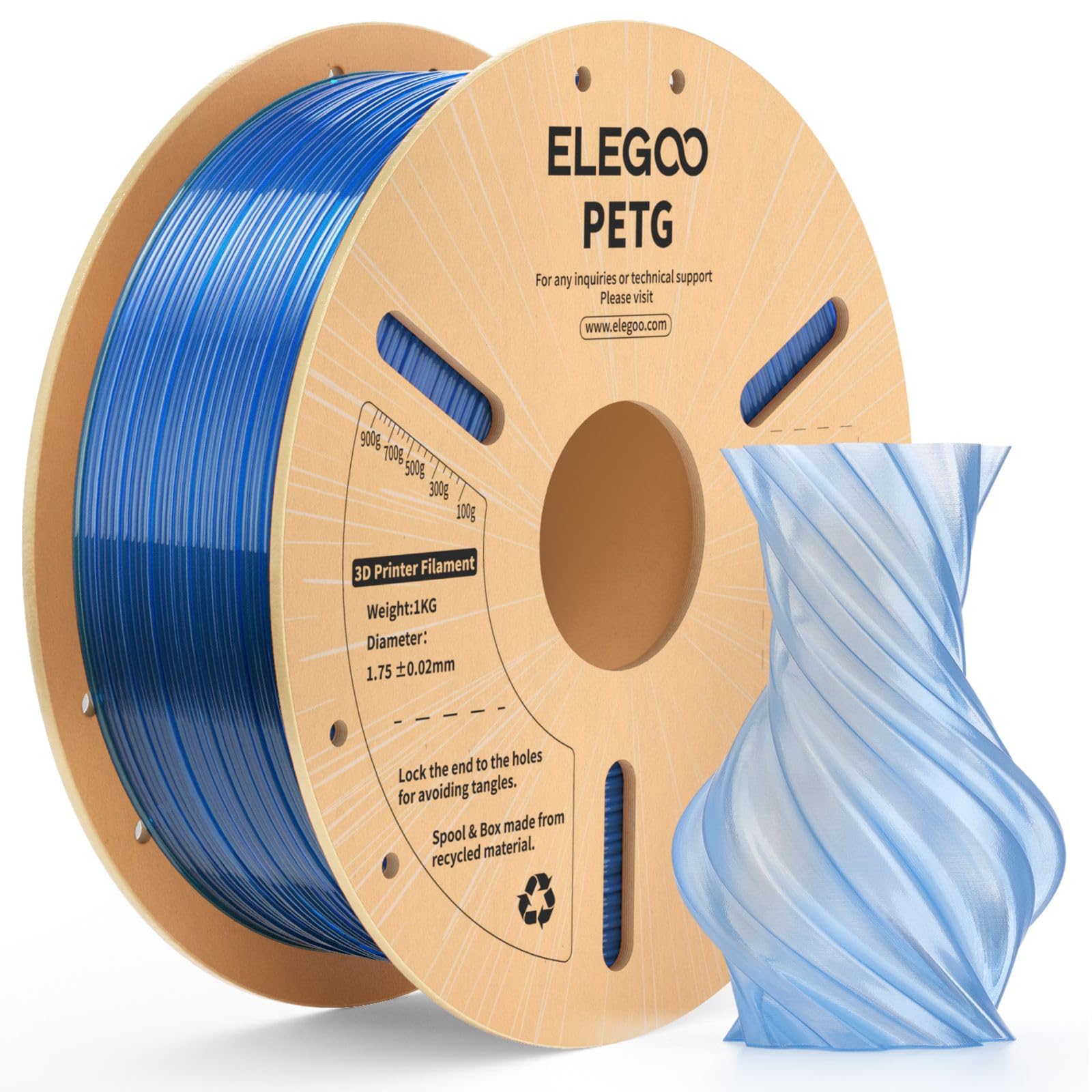 ELEGOO PETG 3D Printer Filament 1.75mm Translucent Blue 1KG