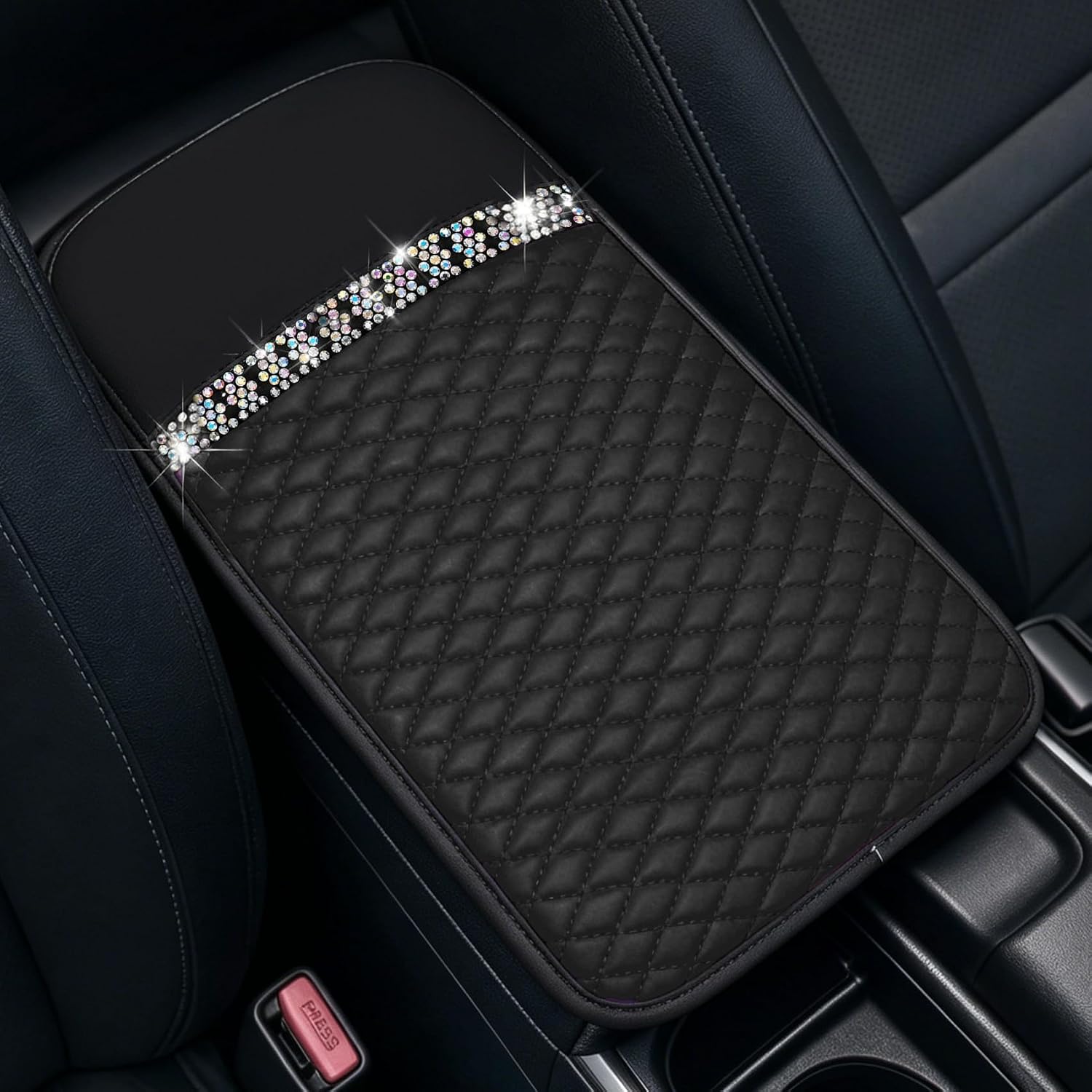Bling Leather Car Armrest Box Cover, Center Console Cover, PU Leather Waterproof Auto Armrest Box Cover Protector, Crystal Rhinestone Car Arm Rest Cushion Pad for Most Vehicles