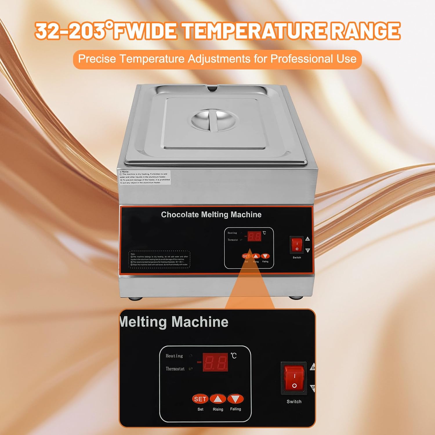 Chocolate Tempering Machine, Commercial Chocolate Melting Pot with TEMP Control 32-203°F, 500W Stainless Steel Electric Commercial Food Warmer For Chocolate/Milk/Cream Melting and Heating