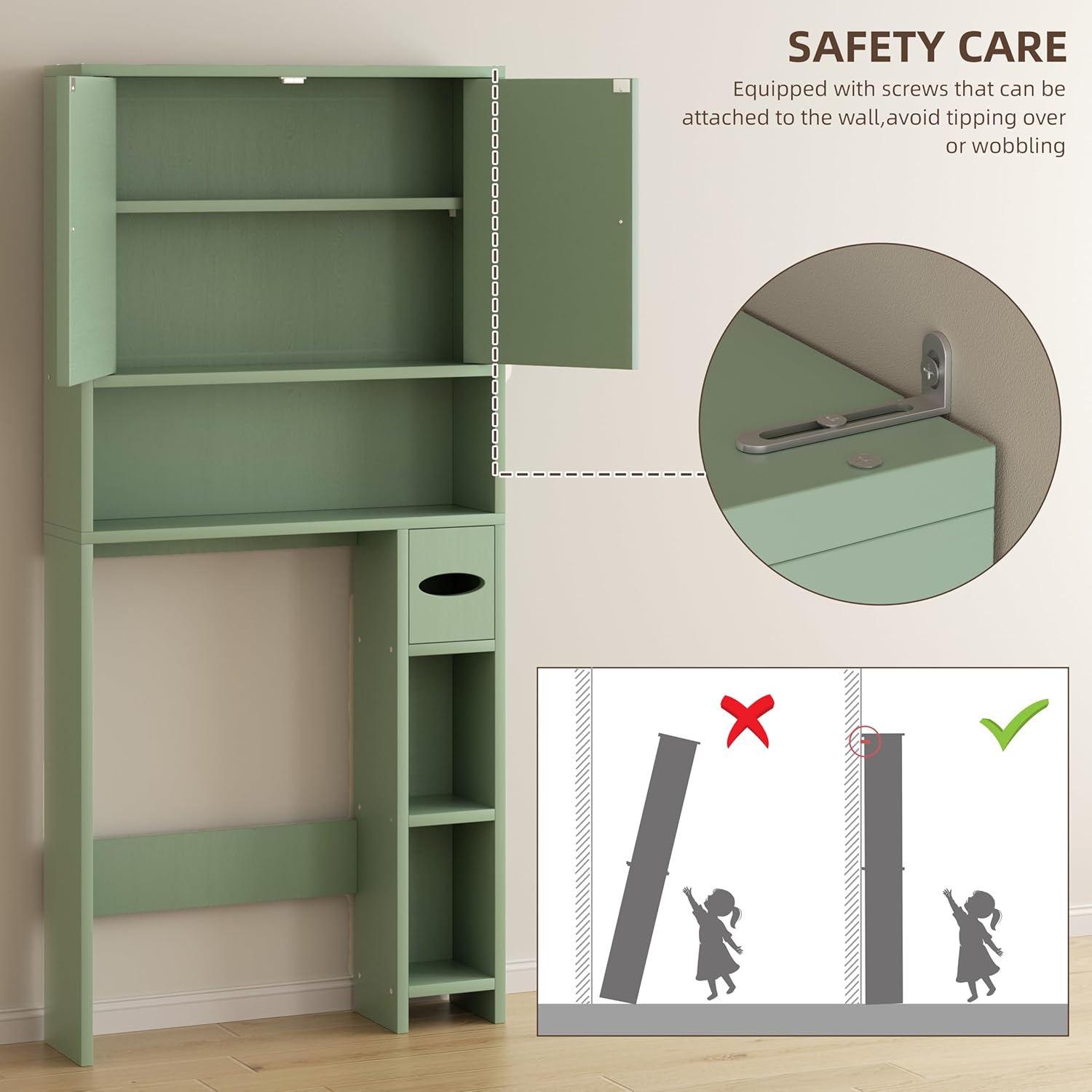 Shintenchi Over the Toilet Storage Cabinet, Bathroom Storage Cabient with Barn Doors, Bathroom Storage Shelf Organizer with Toilet Paper Holder, Adjustable Shelf and Anti-Tip Device, Green