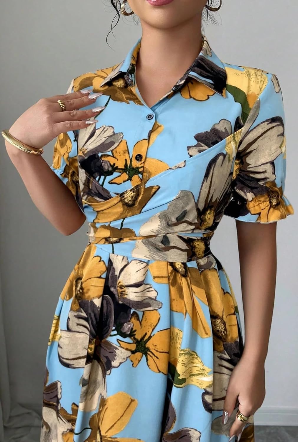 HipGlamp Women's Geometric Print Shirt Maxi Dress with 3/4 Sleeves and Belt for Casual Office Wear - Image 6