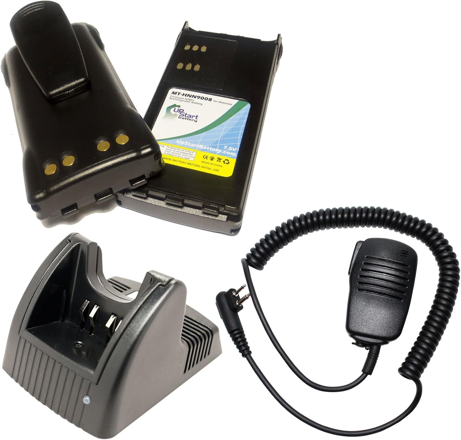 2X Pack - Two-Way Radio Battery Replacement for Motorola HNN9008 - Replaces Motorola GP280 Battery + Charger + Shoulder Speaker with Push to Talk (PTT) Microphone (1300mAh, 7.5V, NIMH)