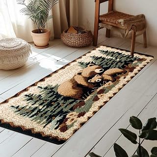 Bear Rug Mat Farmhouse Bathroom Rugs Animal Brown Bear Forest Trees Rustic Cabin Carpet Camping Bath Rug Sets for Bathroom Bedroom Kitchen Outdoor Indoor 17X48 Inch