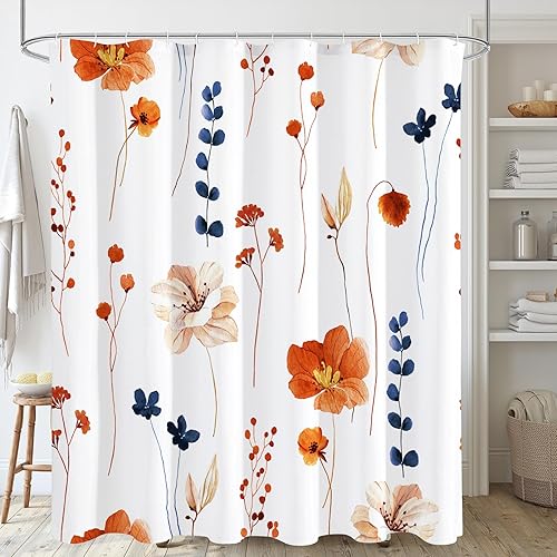 Gibelle Cortina de ducha con diseño floral de acuarela, cortina de ducha retro naranja azul marino para baño, juego de cortina de ducha moderna