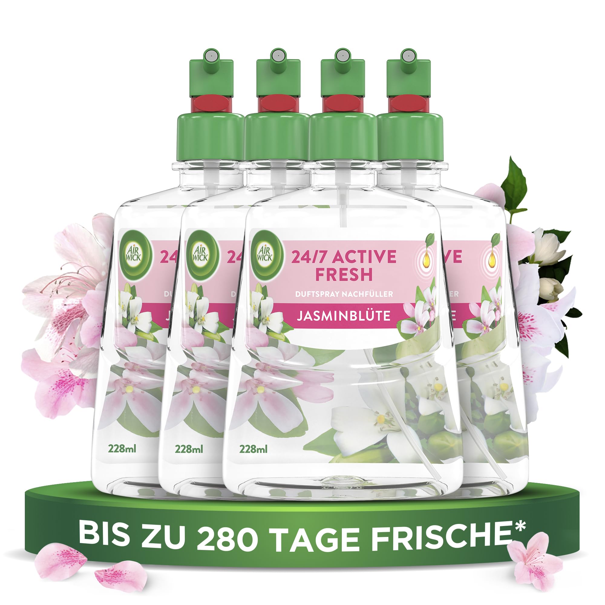 Air Wick Active Fresh – Wasserbasierter, automatischer Lufterfrischer – Raumduft Jasminblüte – 4 x 228 ml Nachfüller