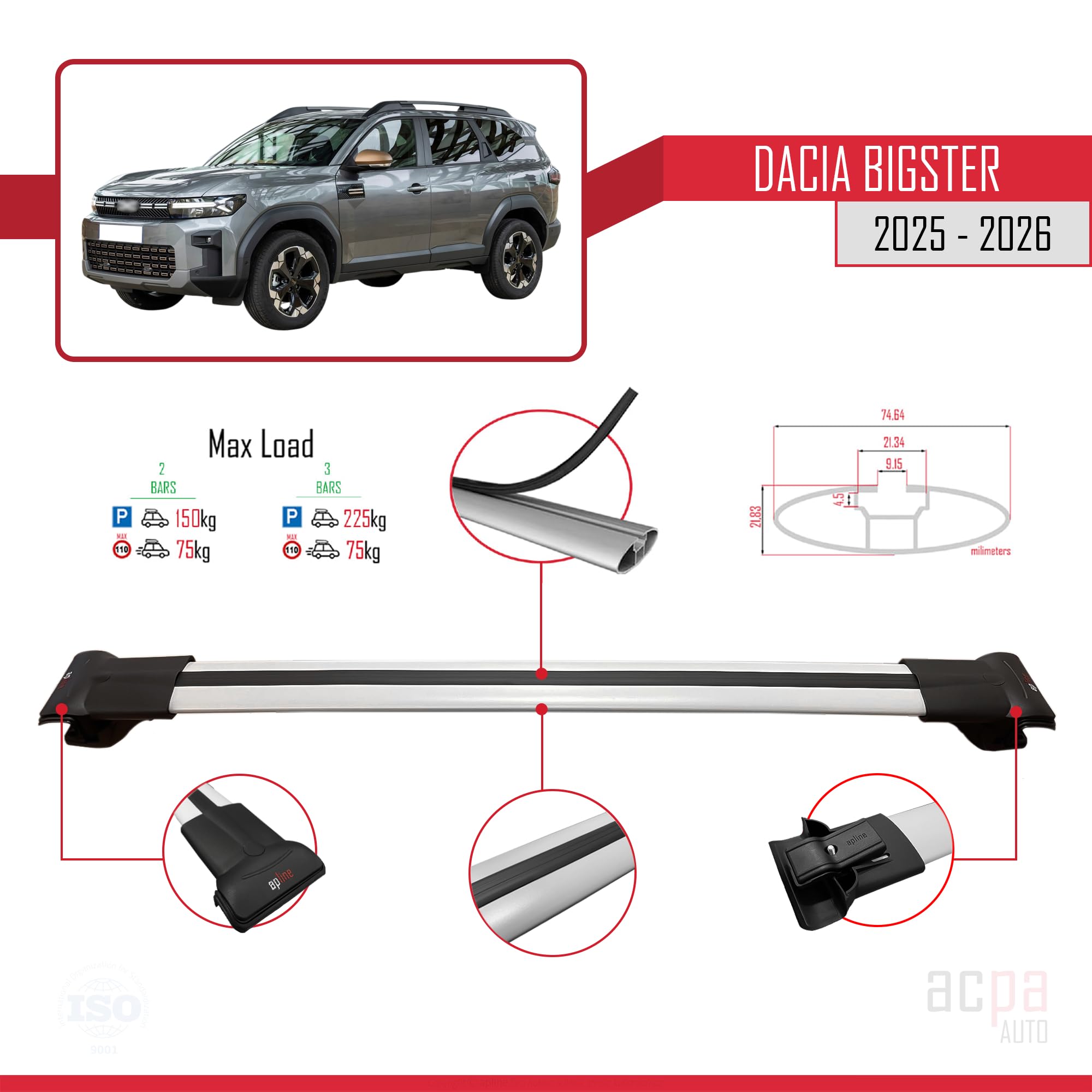 Compatible con Dacia Bigster 2025-2026 Fly Model Barras de Techo Auto Portaequipajes Barras Transversales Gris Aluminio 2 Barras