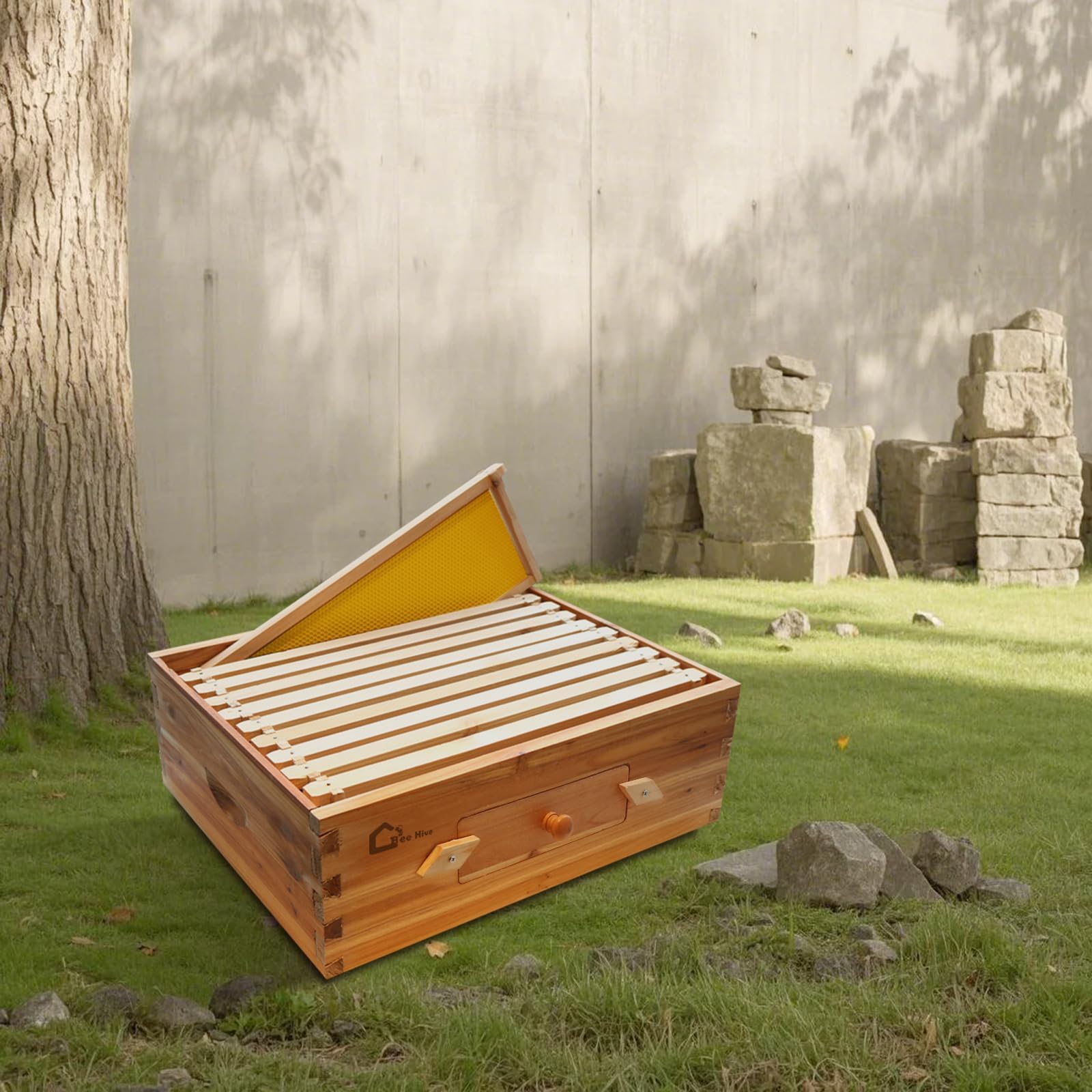 Kit de démarrage de ruche, boîte à essaim avec 10 rayons moyens, ruche en bois massif avec cadre en bois et fondation cirée, boîte de ruche durable, fournitures d'apiculture, maison d'abeilles