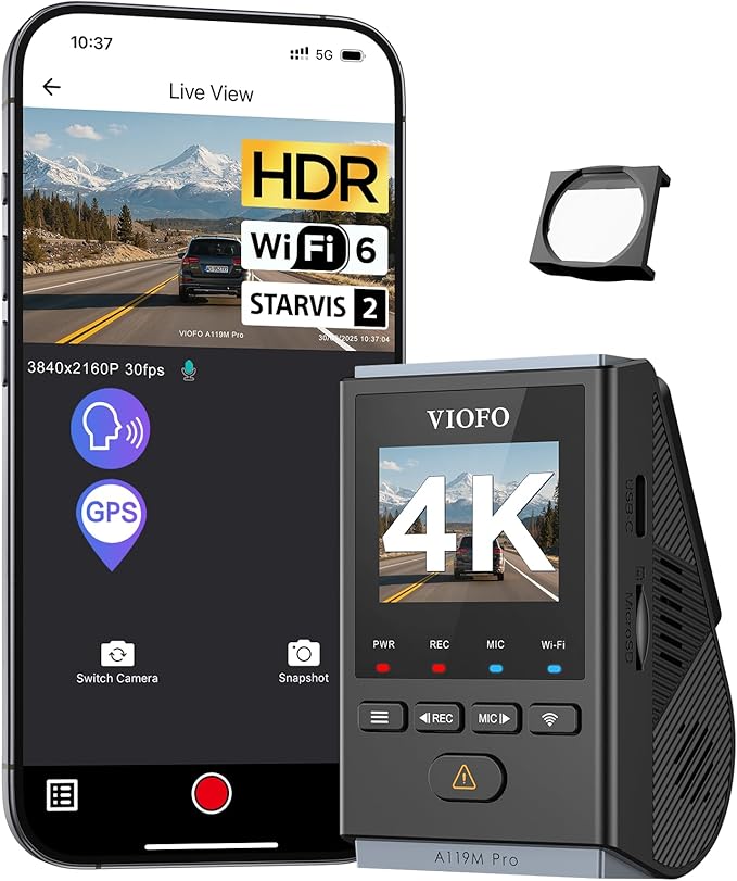 VIOFO A119M Pro 4K HDR Mini Dashcam per Auto con CPL, Wi-Fi 6 e GPS Fotocamera per Auto Anteriore con STARVIS 2, Comando Vocale e Riproduzione Vocale, Visione Notturna 2.0, Modalità di Parcheggio con