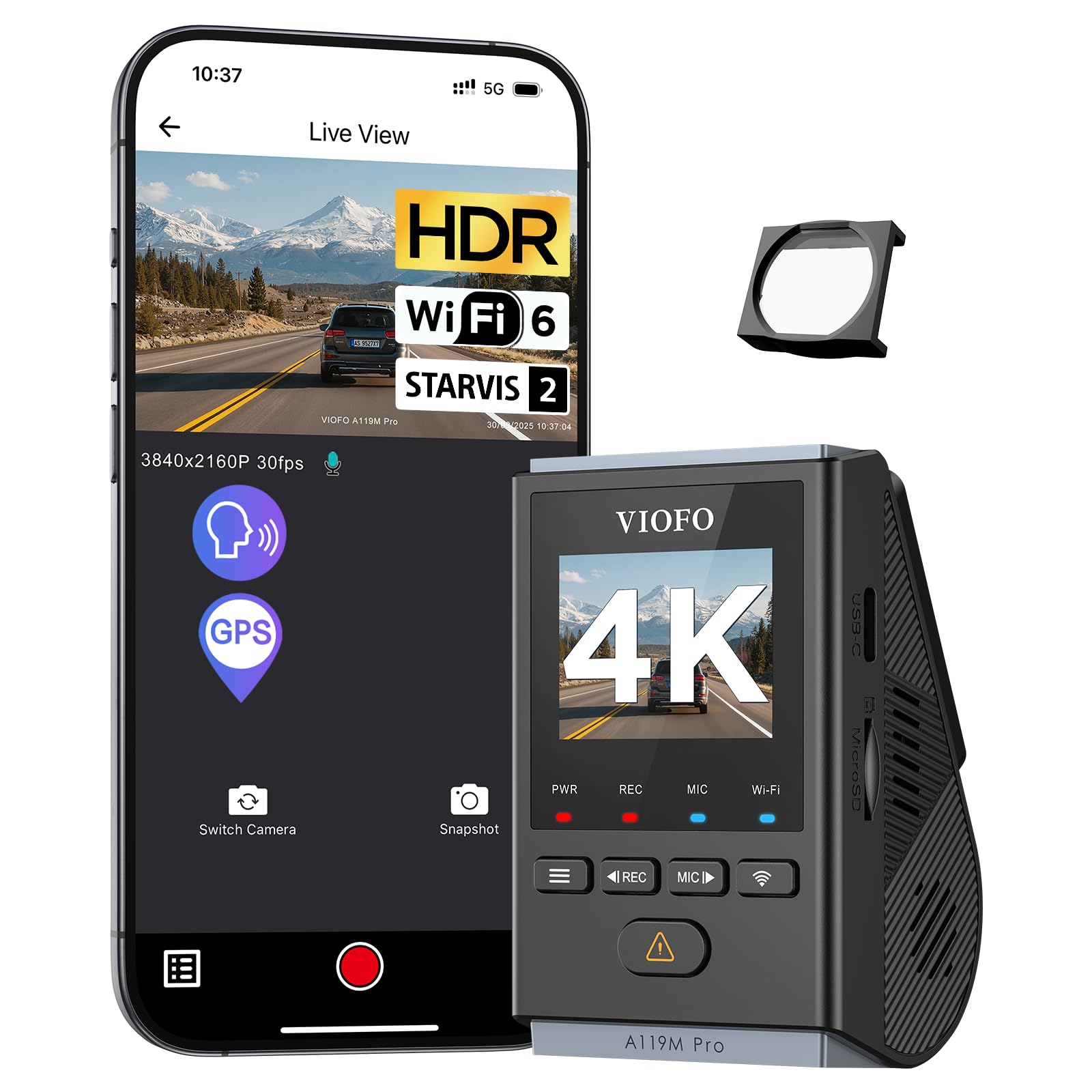 VIOFO A119M Pro 4K HDR Mini Dashcam mit CPL, Wi-Fi 6 & GPS, STARVIS 2, Sprachsteuerung, Nachtsicht 2.0, Parkmodus, 1,5" LCD