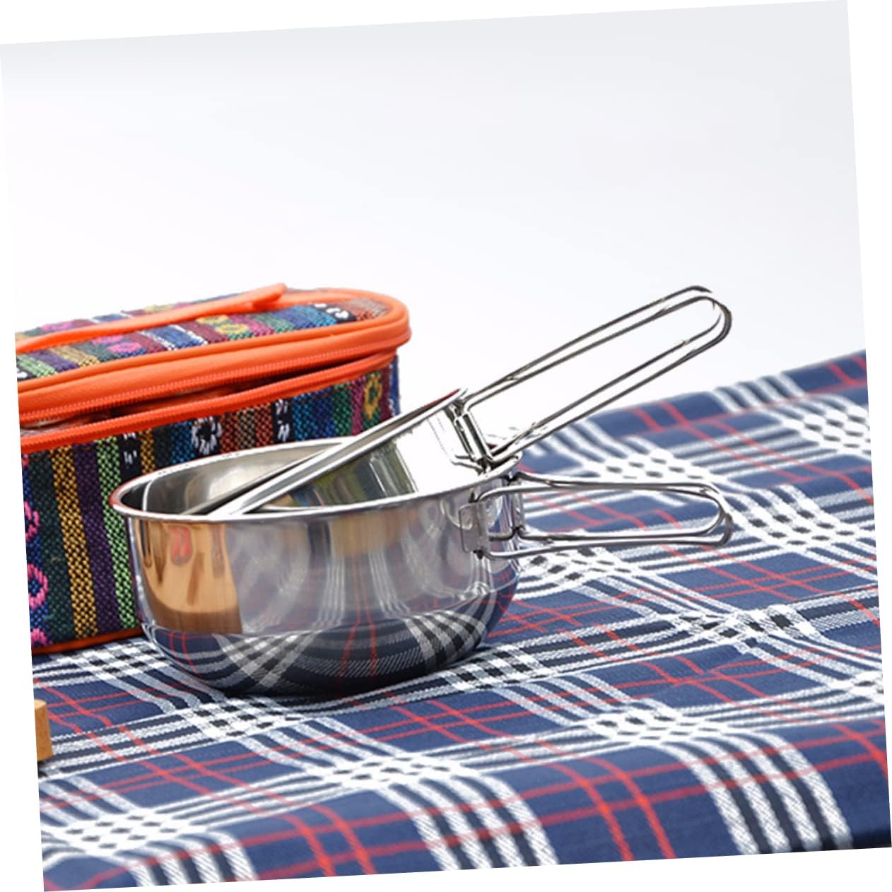 Toddmomy 1set Multi-use Stainless Steel Camping Bowl with Folding Handle for Outdoor Cooking and Picnics Lightweight Resistant Easy to Clean Includes and Bowls with Mesh Bag