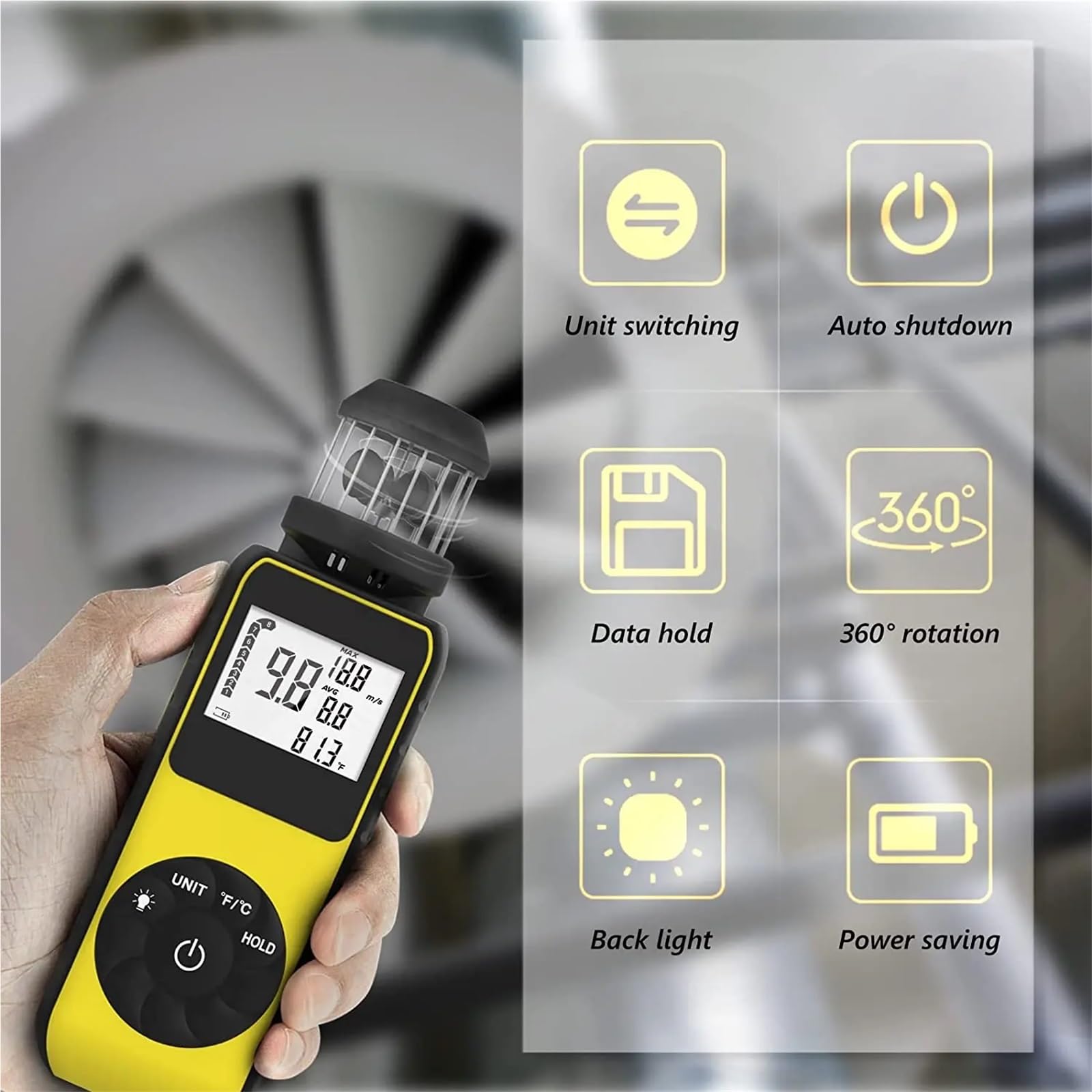 Anemómetro Portátil, Anemómetro de mano, medidor de dirección del viento for medir la velocidad y la temperatura con retroiluminación LCD.