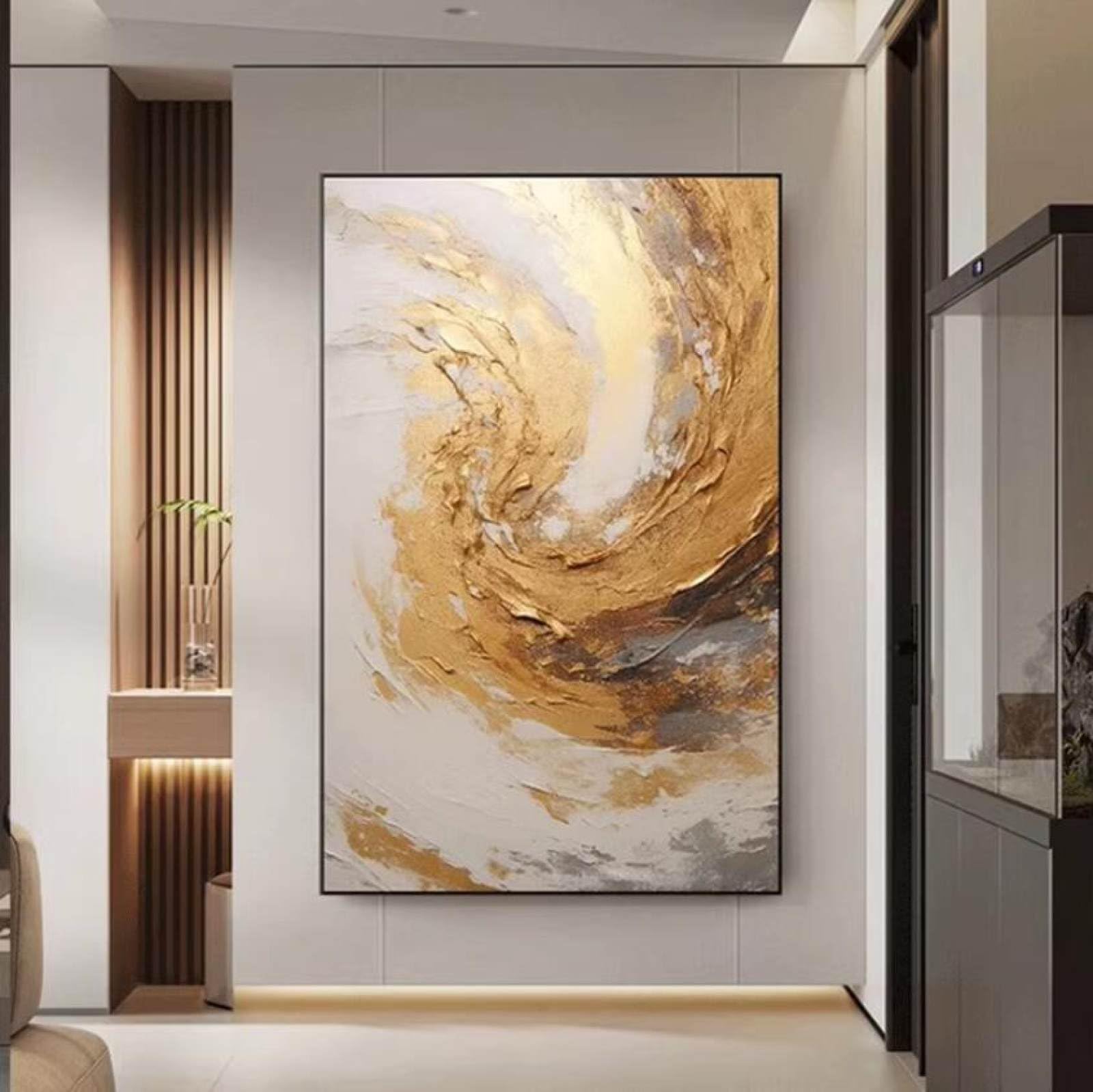 Grande peinture à l'huile abstraite pour chambre | Décoration murale texture feuille d'or