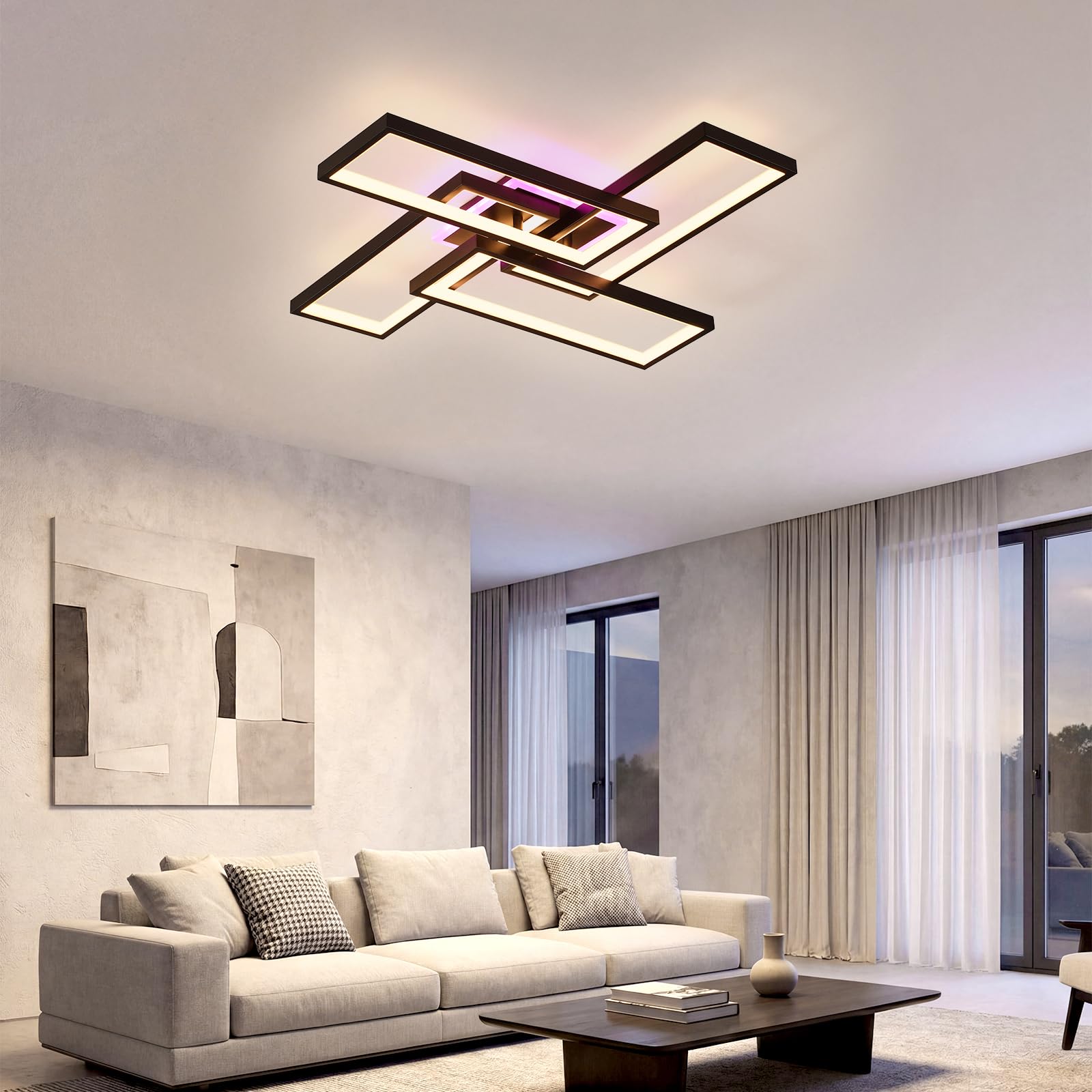 Plafoniera LED Soffitto 50W, Dimmerabile, 4 Rettangoli, Nero,3000LM | Lampadario Moderno 3000-6000K con Telecomando e APP, Luce RGB Sincronizzata per Soggiorno, Camera da Letto, Ufficio, Cucina