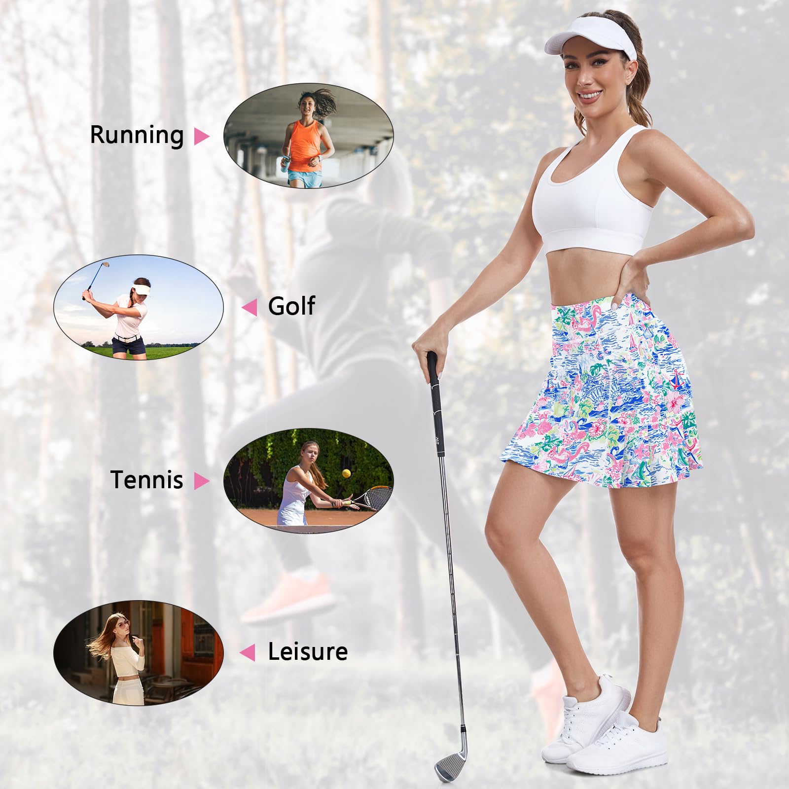 WOWENY Jupe Short Femme Sport avec Poche,Jupe de Tennis Femme,Mini Skorts 2 en 1 Haute Taille Jupe Short de Golf Légère Elastique Casual pour Randonnée Badminton S-XL