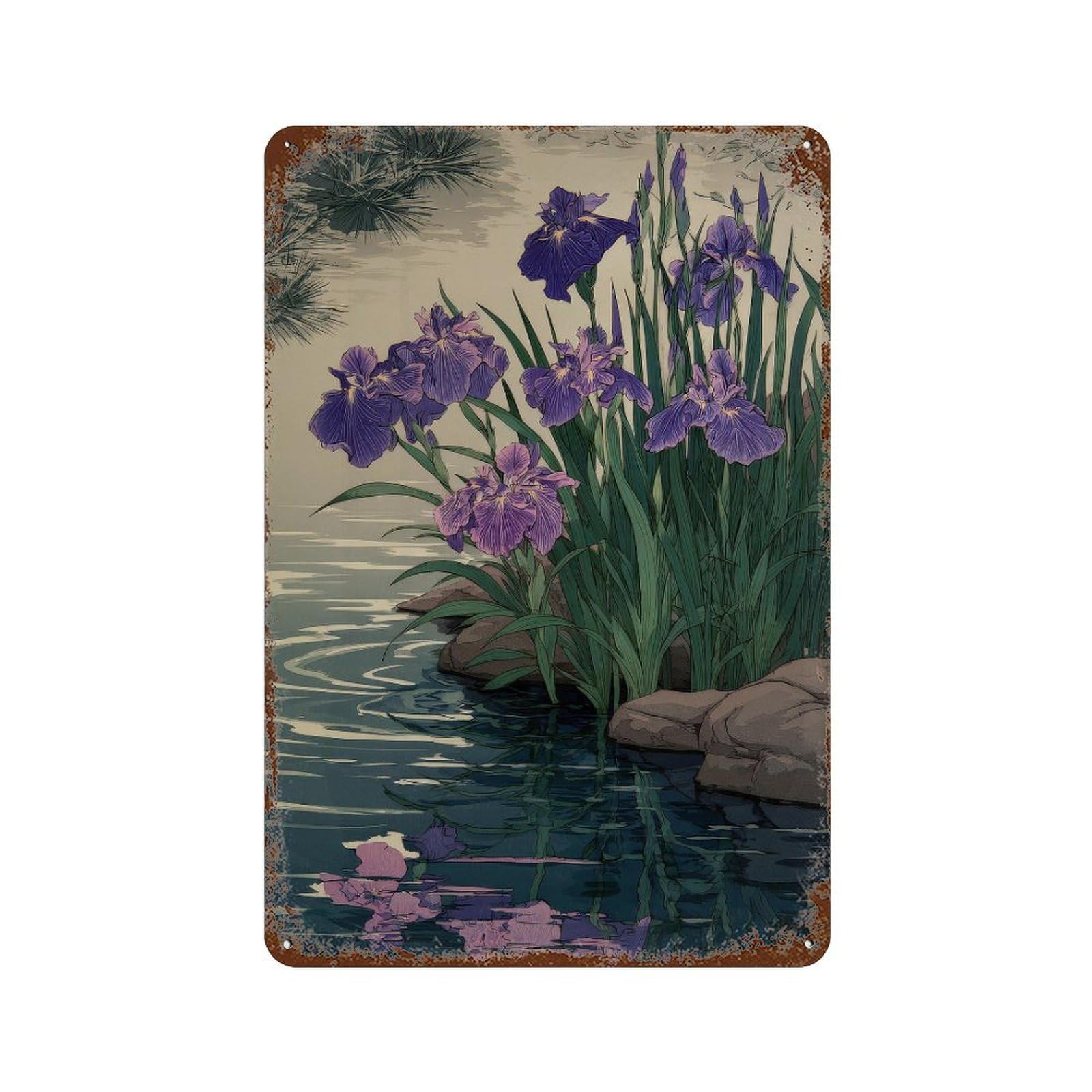 xiaoxiaoshen Purple Iris Flowers. Japanese Woodblock Botanical Wall Decor Art Metal Tin Poster Modern Home Decor Art Home Bar Shop Decorations Vintage Sign 30x20cm