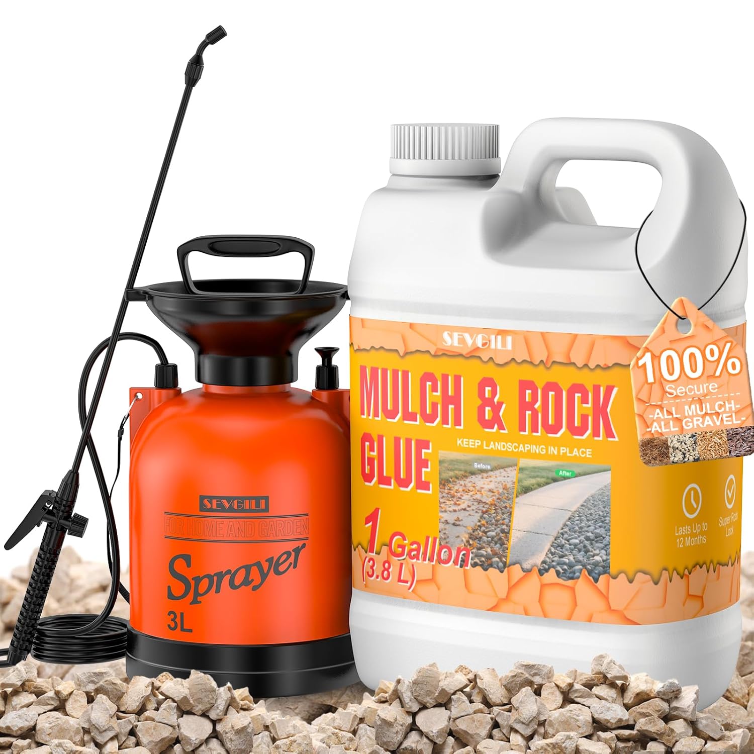 SEVGILI Mulch Glue for Landscaping with Sprayer, 1Gallon Rock Glue, Ready-to-Use Gravel Lockdown for Paths, Patios & Garden Borders, Fast-Dry Non-Toxic Weather-Resistant Strong Gravel Binder