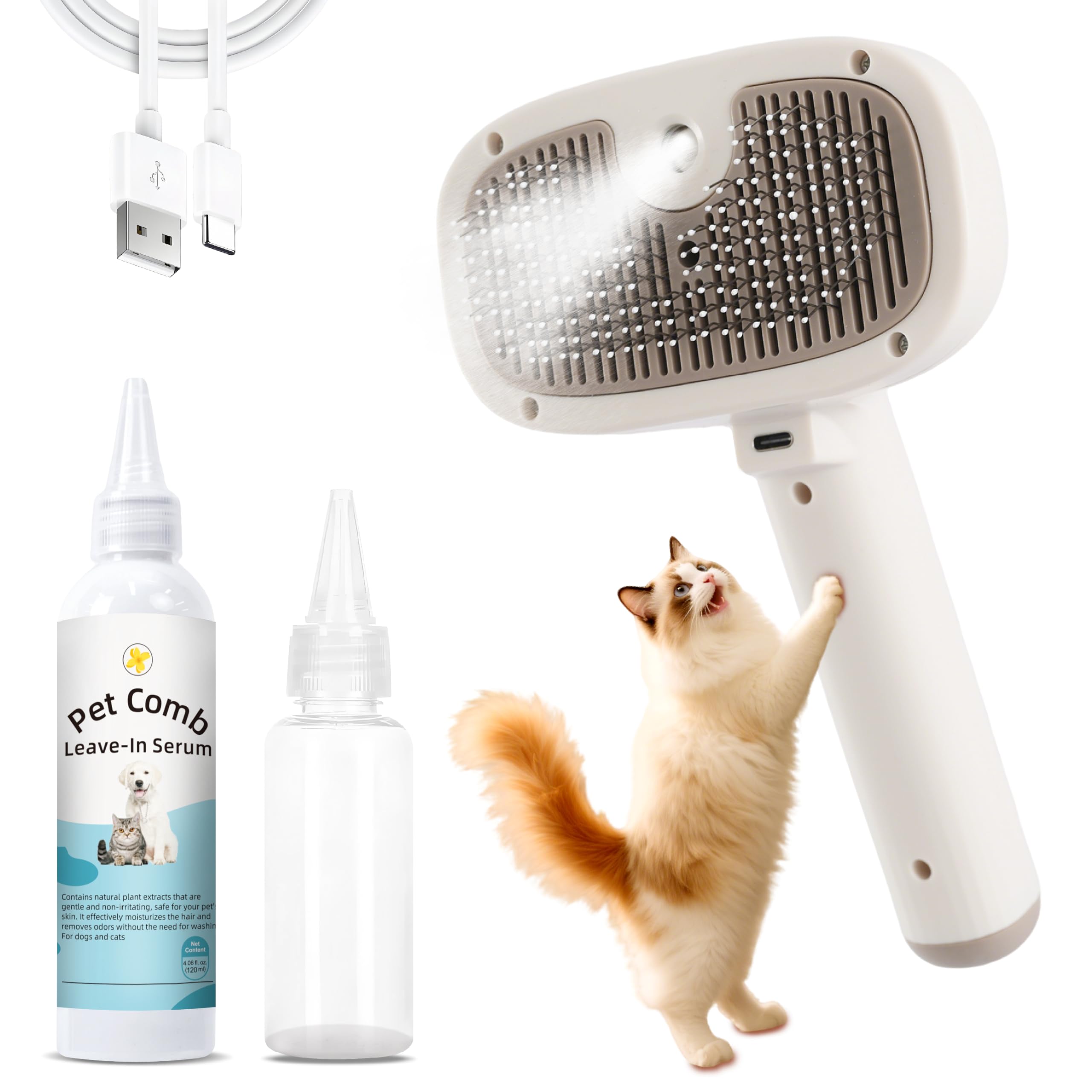 Cat Steam Brush, Dog Brush for Shedding, Pet Spray Hair Removal Comb, Pet Grooming Brush for Short &amp; Long Haired Dogs &amp; Cats,Spritz Defur Comb with Waterless Shampoo (White)
