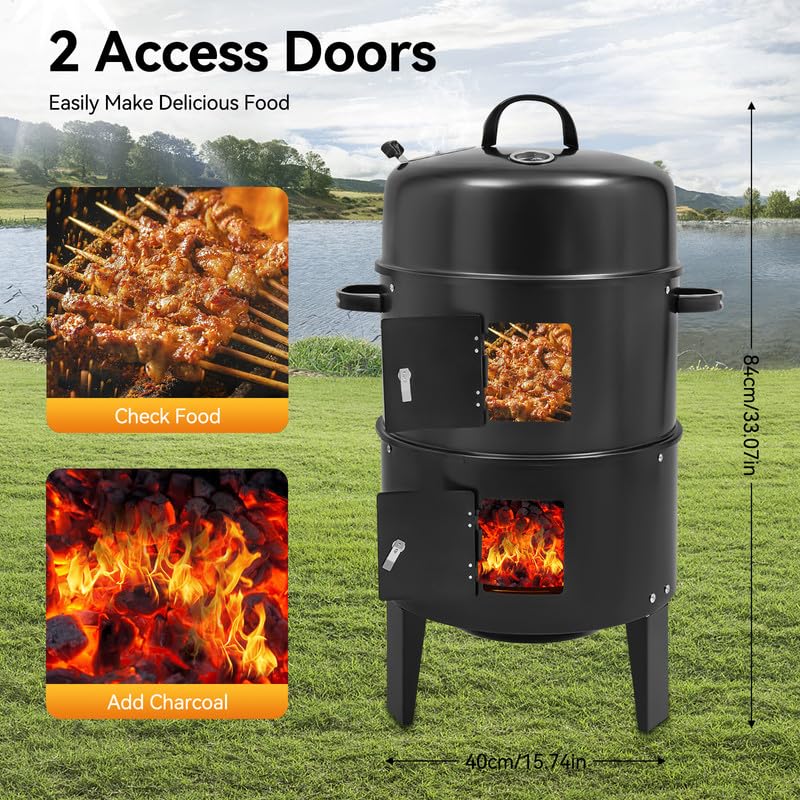 Pojemnik wędzarniczy 3 w 1, Ø 40 cm, grill na węgiel drzewny z termometrem i pokrywką, 2 poziomy, piec wędzarniczy do grillowania, wędzenia, duszenia