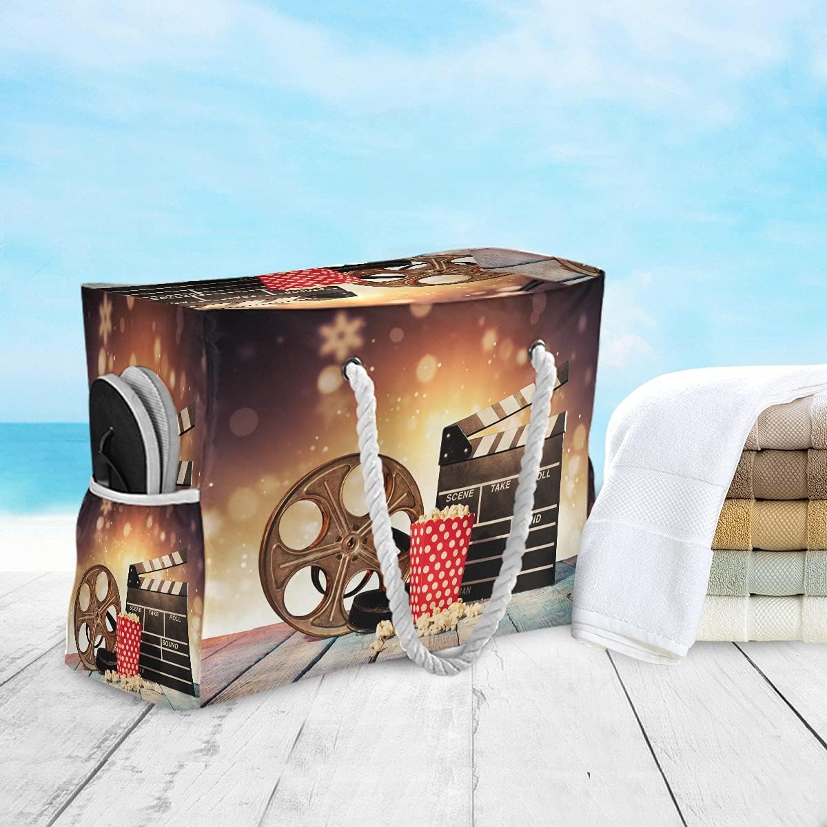Large Beach Bag Tote, Film Popcorn Movie Clapboard Beach Bags Waterproof Large Pool Bag Shoulder Travel Tote Bags With Zipper for Women Gym
