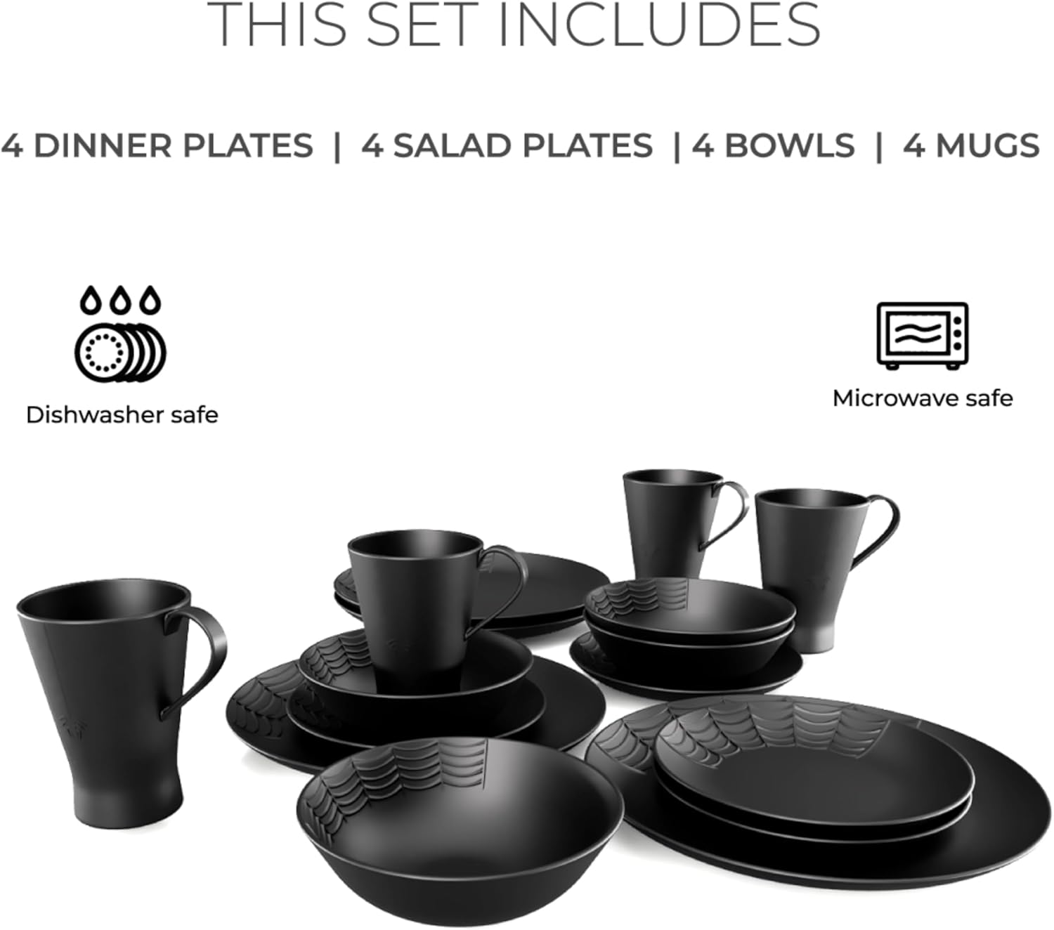 Nomnu Spiderweb Dinnerware Set (16 Pieces) - Goth Dinnerware Set - Black Matte Porcelain - 4 Dinner Plates 4 Salad Plates 4 Bowls 4 Mugs - Halloween Spooky Dishes Gothic Kitchen Decor Gifts
