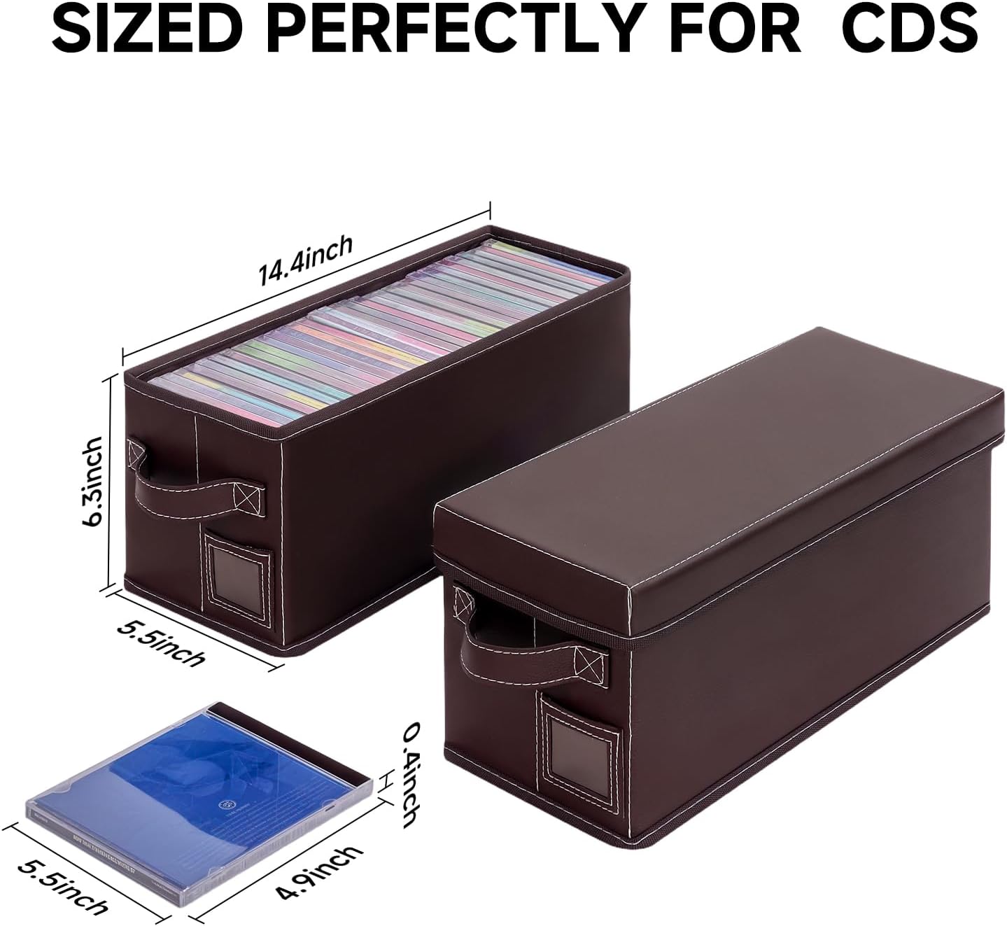 Brown Faux Leather CD Storage Box 4 Pack – Holds 35 Standard Jewel Case CDs Each, Compact Disc Organizer with Lids and Handles for Media Collection
