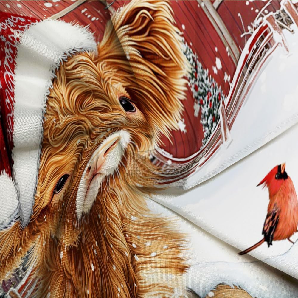 Highland Cow Christmas Shower Curtain Cute Calf Cattle Rustic Barn Red Bird Snowflake Farmhouse Xmas Holiday Winter Snowy Scene Bathroom Polyester Fabric Curtains with Hooks 94Wx70H Inch