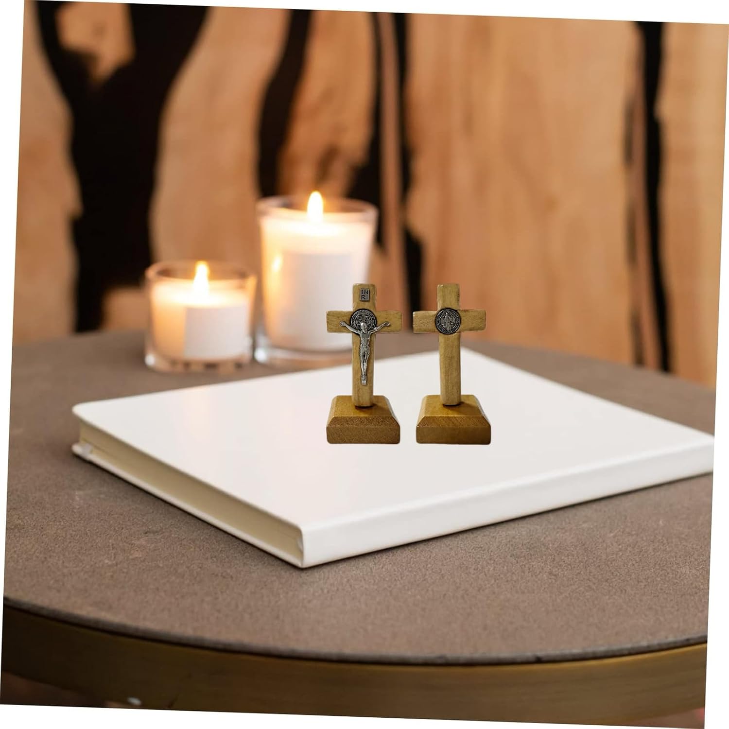 Bovemee San Benito Medalla Wooden Standing Cross Small Crucifix, 3 inch/7 inch, Jesus Christ Wall Cross for Table or Wall Decor, Home Decoration Catholic Gifts (Light Brown 3.0 X1.5 Inch)
