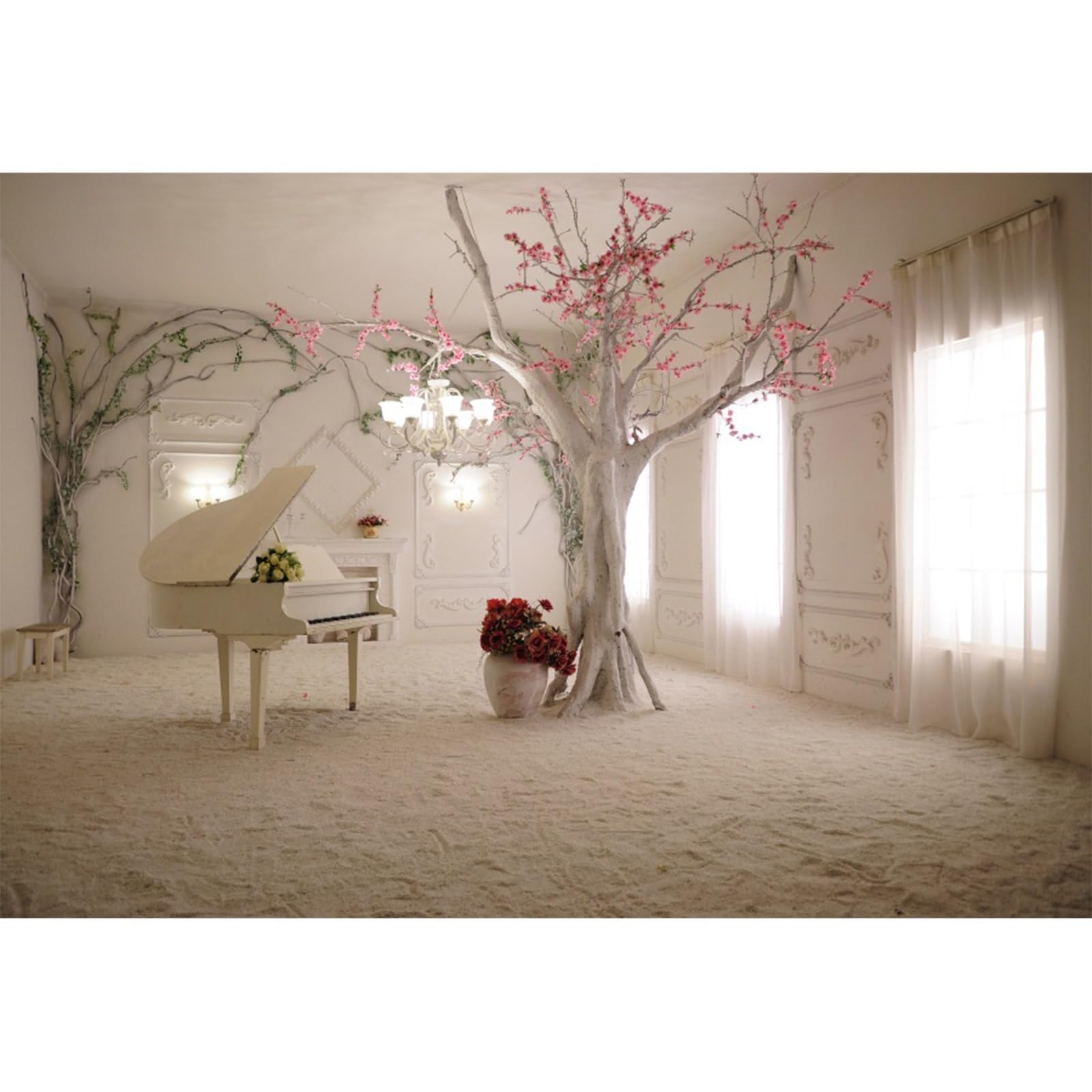 YongFoto 4,5x3m Fondo de Fotografia Interior White Piano Pink Flowers Árboles Cortina Blanca Archicultura Europea Telón de Fondo Fiesta Niños Boby Boda Retrato Estudio Fotográfico Accesorios