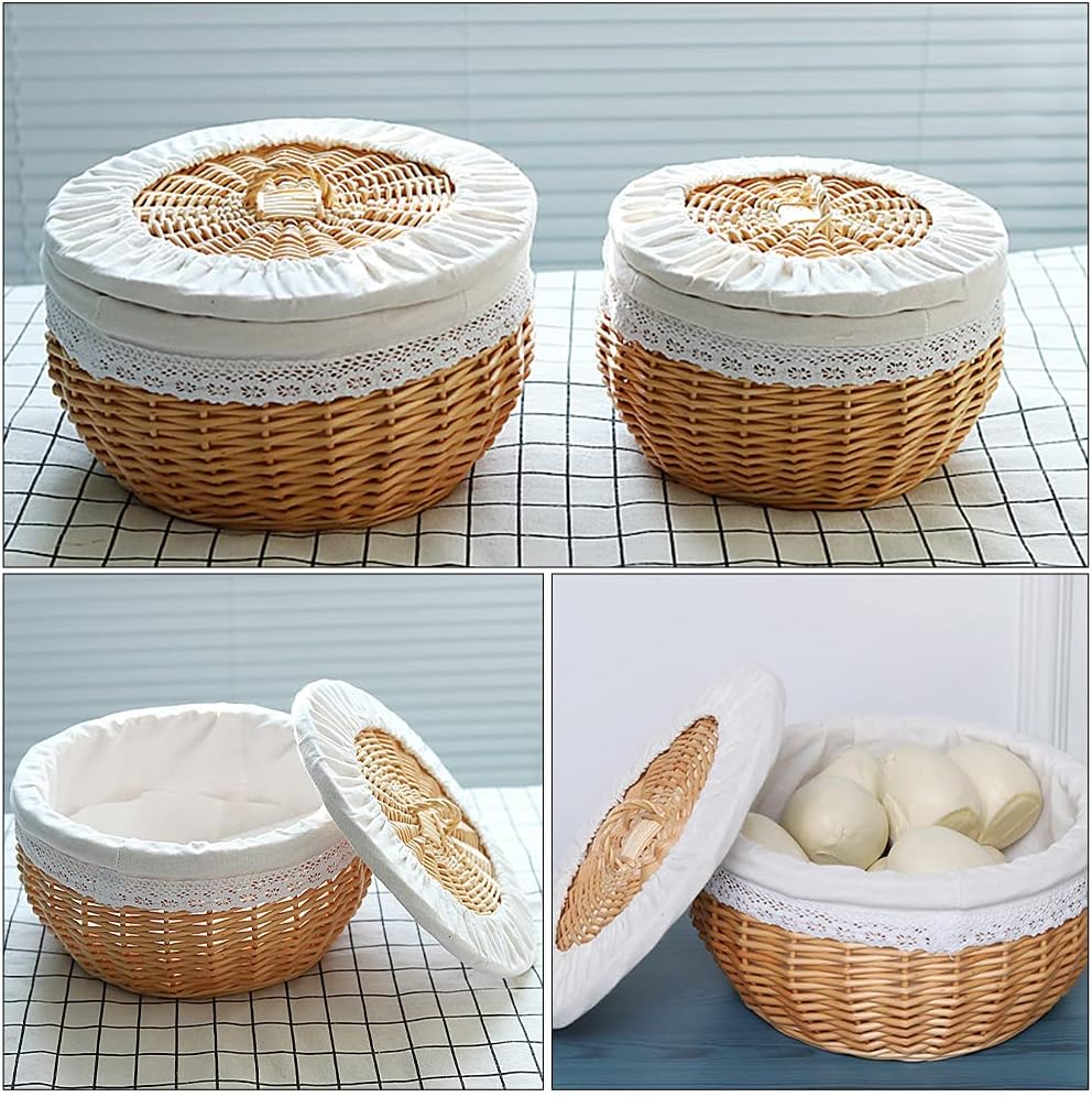 Cabilock Bread Basket for Serving Set, 9.8x5.5" Wicker Food Storage Basket with Removable Liner and Cover, Woven Rattan Fruit Basket Tabletop Food Vegetables Serving Basket